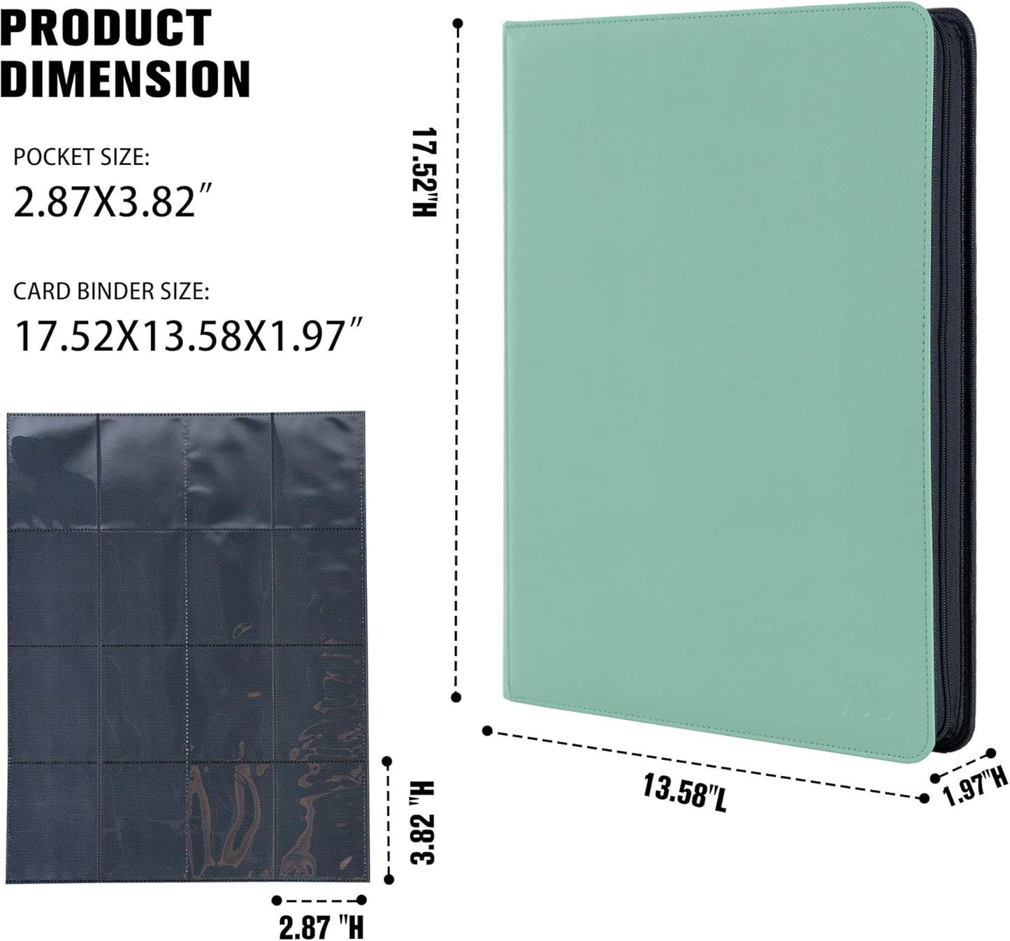 Premium 1000+ Pockets Card Binder,16 Pockets Trading Card Binder Ringless Side Loading Trading Card Album Folder for TCG - Light Green