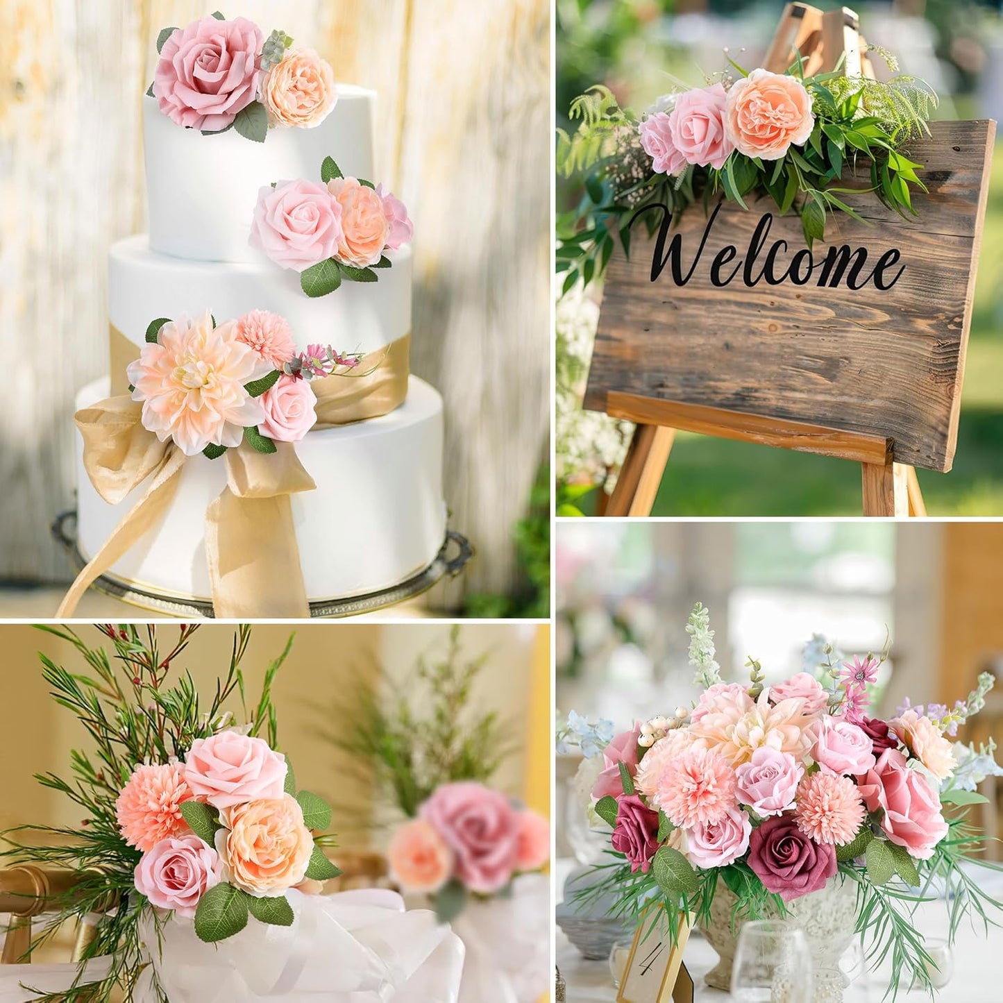 AGIRL Rose Artificial Flowers Combo Fake Flowers Pink Roses Silk Flowers with Stems for DIY Bridal Wedding Bouquets Centerpieces Arrangements Table Party Baby Shower Home Decor (Champagne Pink)