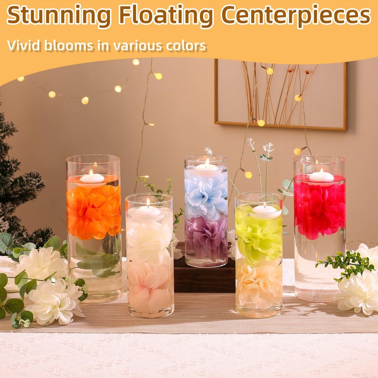 24 Pcs Floating Candles for Centerpieces and Floating Flowers Artificial Flowers Head Vase Filler for Party Home Table Wedding Centerpieces Decoration (Champagne)