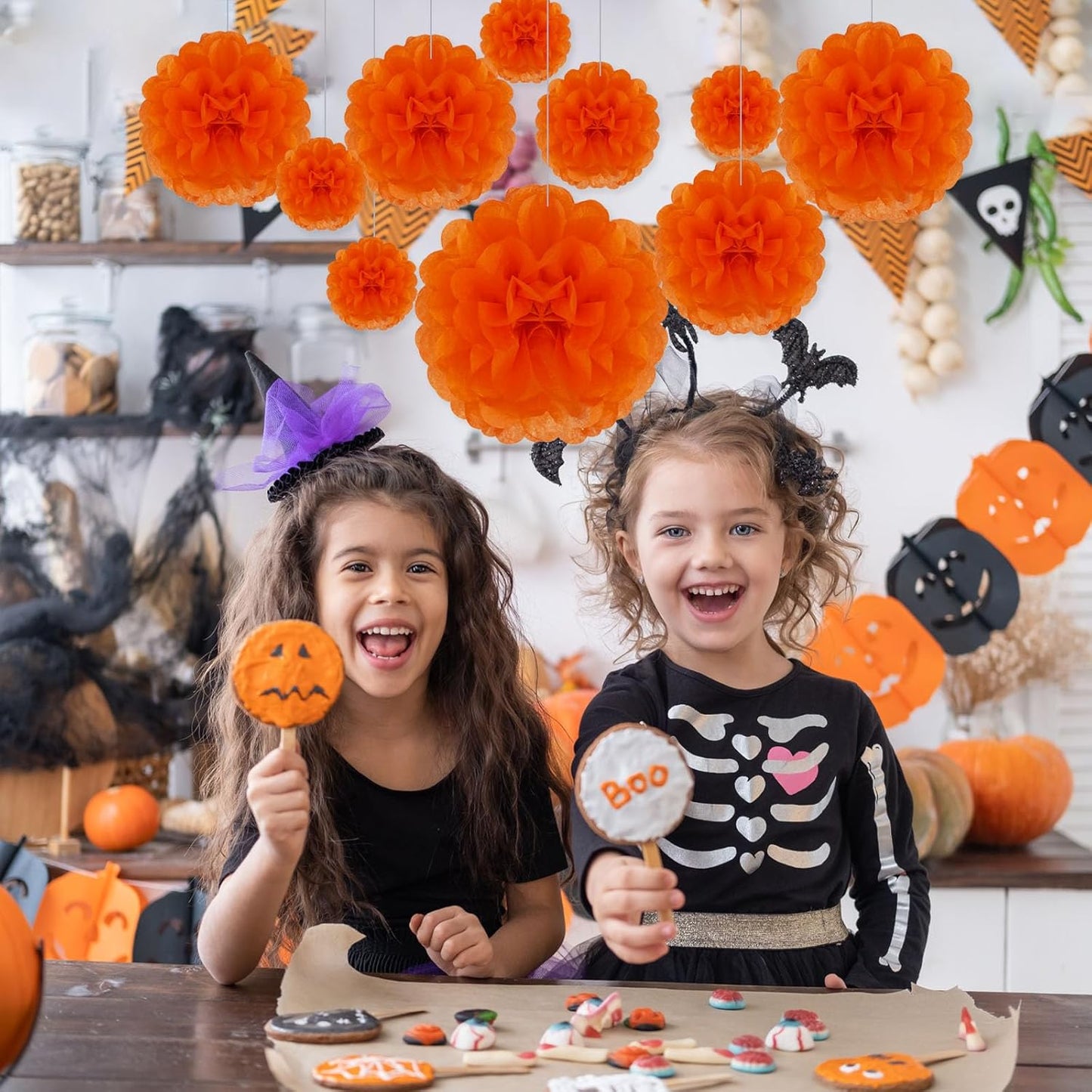 Tissue Paper Pom Poms, Orange Tissue Paper Flowers, Hanging Flower Balls for Weddings Fiesta Parties Birthday Baby Showers Classroom Bridal Shower Decoration (20Piece Set-6/10/12/14Inch)