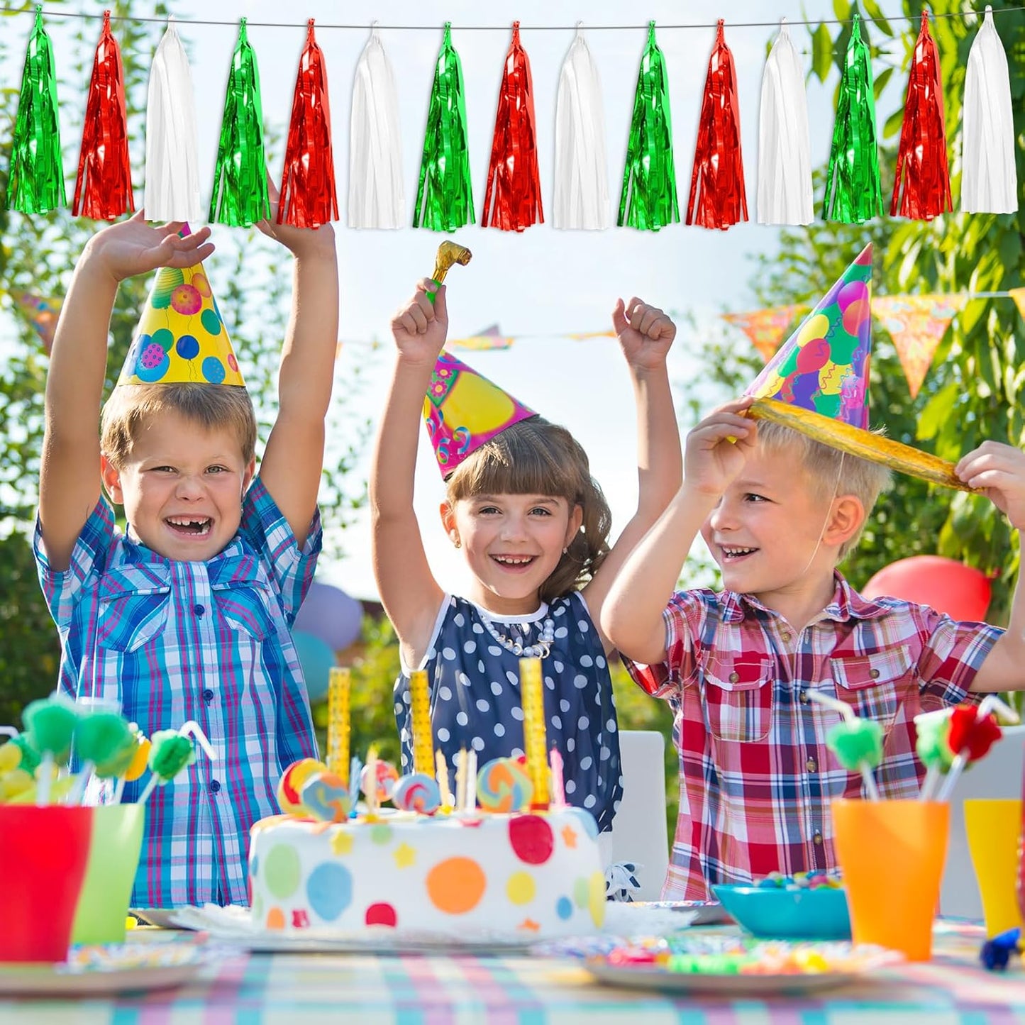 8P Red Green White Foil Fringe Metallic Tassel Streamers Banner Tassel Garland for Parade Floats, Graduation, Wedding, Birthday, Halloween, Christmas, Mexican Italian Birthday Party Decorations