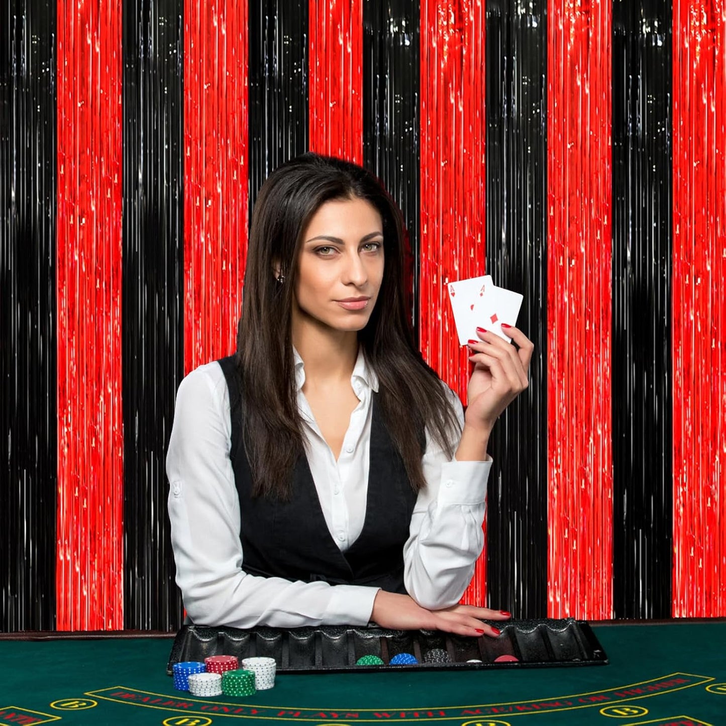 2 Pack Red and Black Tinsel Foil Fringe Curtains, Red and Black Party Decorations, Metallic Tinsel Party Streamers Backdrop for Halloween Birthday Red Carpet New Years Party Decorations