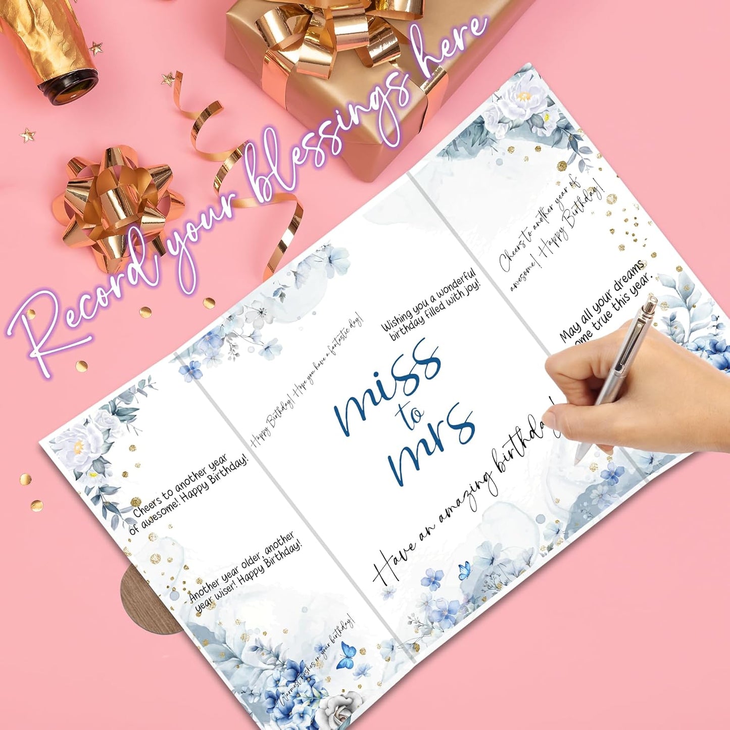 Blue Flowers Bridal Shower Decorations - 18 ''x12'' Bride-to-Be Signature Guest Book Alternative from Miss to Mrs - Signature Book Gifts - Bachelorette Party Wedding Reception Decor & Supplies -A08