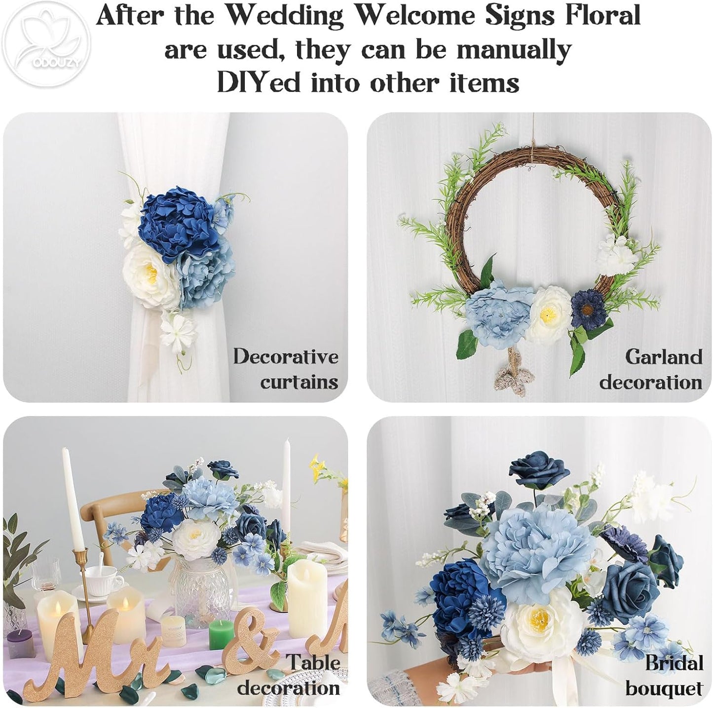 Wedding Arch Flowers Kit,Artificial Flower Arch Decor (Set of 3),2pcs Artificial Flower Arrangement with 1pc Sheer Drape for Wedding Decor Reception Backdrop Floral Decorations (Blue)
