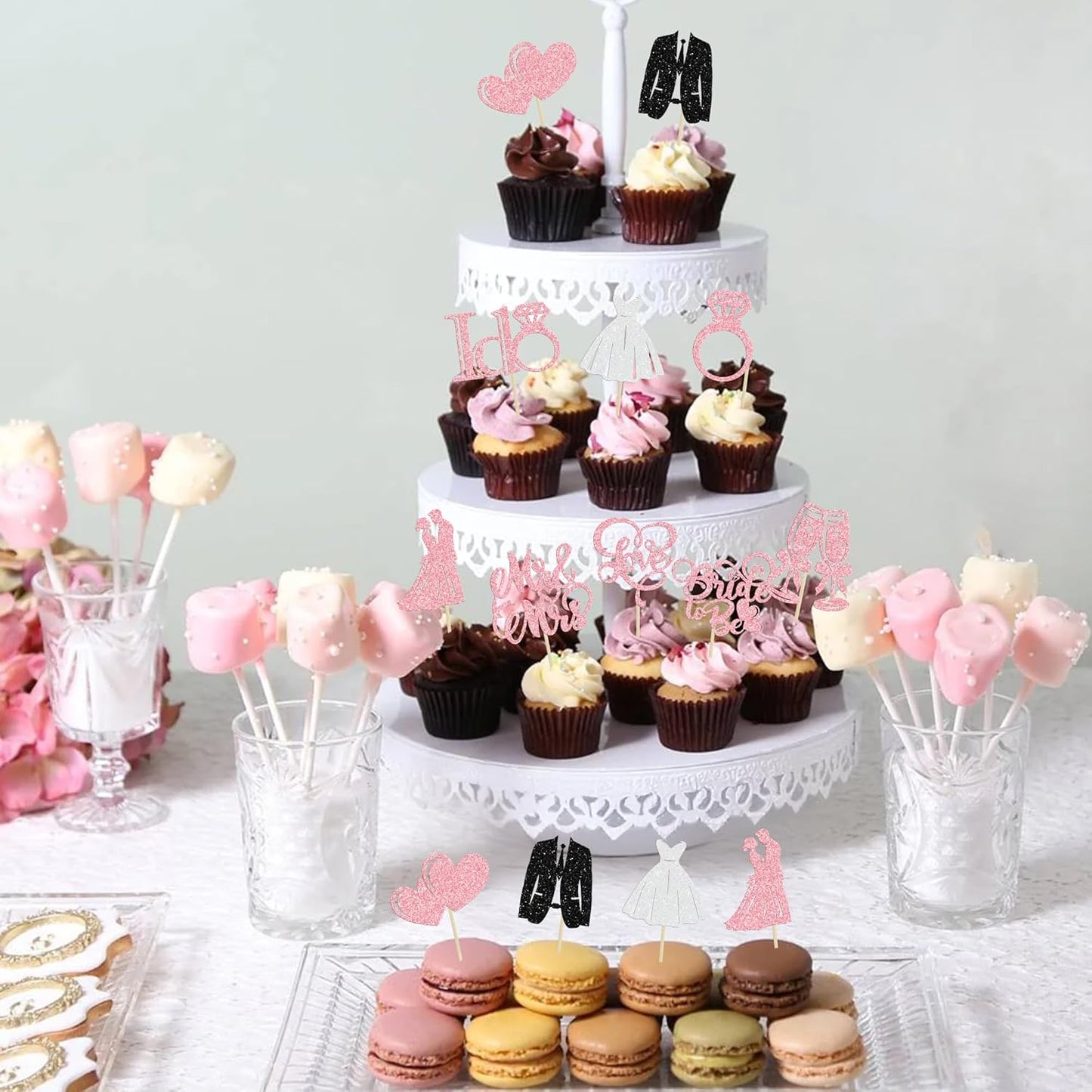 Gyufise 30Pcs Bride to Be Cupcake Toppers Glitter Diamond Ring I Do Love Cupcake Picks Miss to Mrs Bridal Shower Wedding Engagement Bachelorette Cake Decoration Pink