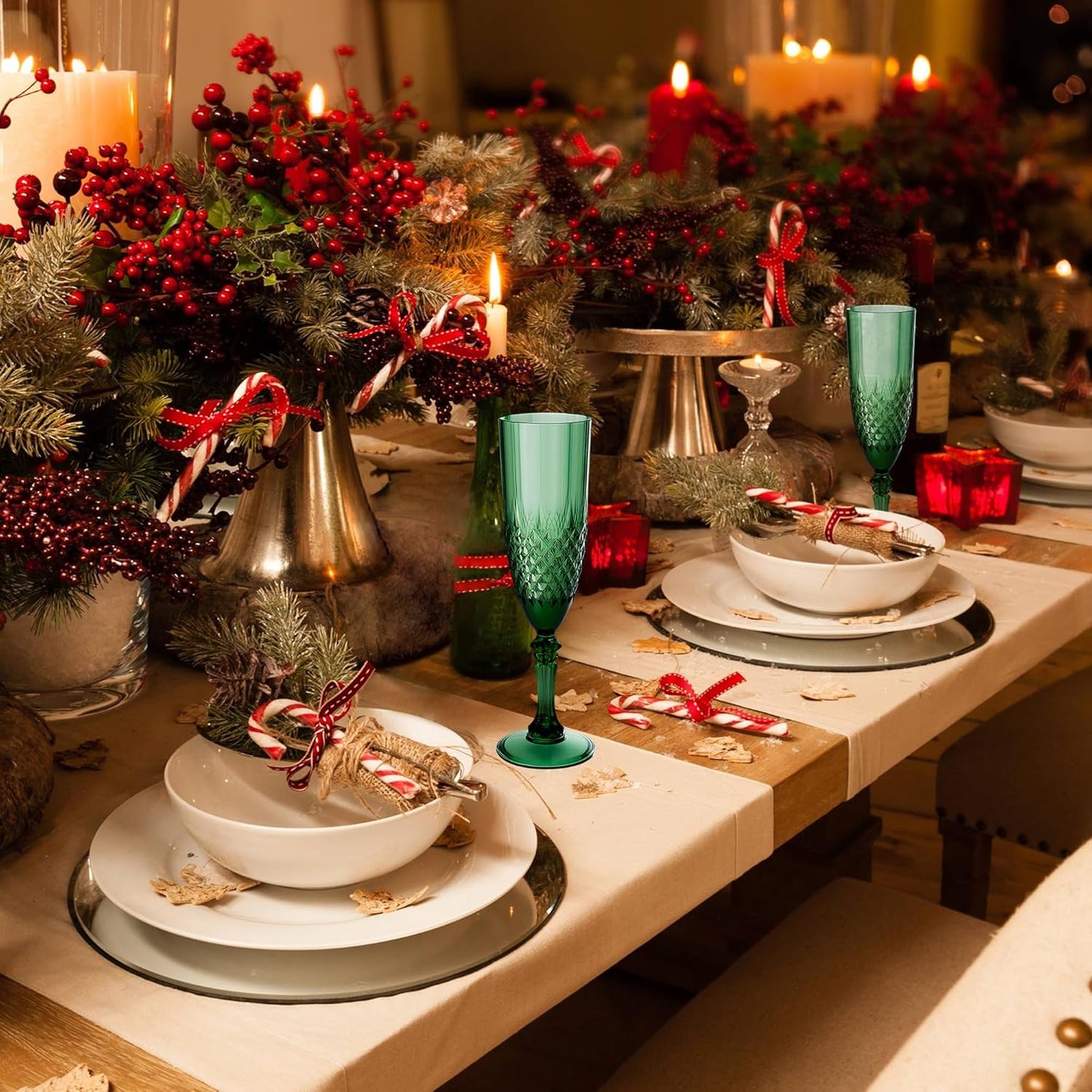 Plastic Champagne Flutes, 12PCS Dark Green Wine Glasses Goblets Cups Reusable Flute, for Christmas Weddings Bachelor Parties Toasting and Events(12, Dark Green)