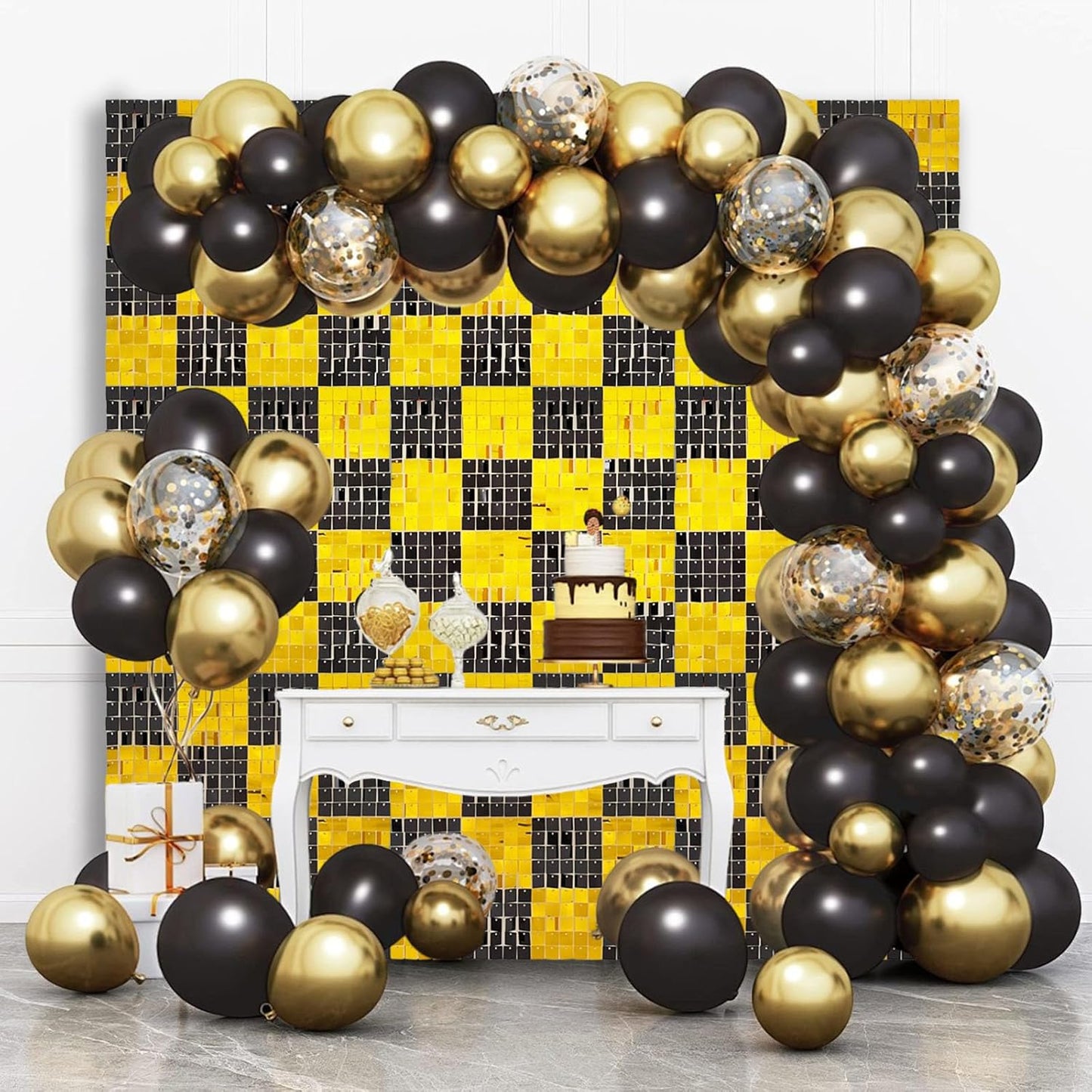 12PCS Black Gold Shimmer Wall Backdrop, Square Sequin Photo Backdrops Panel, Glitter Wall Background for Birthdays, Weddings, Christmas, Engagements, New Years Party Decor (3FTx4FT)