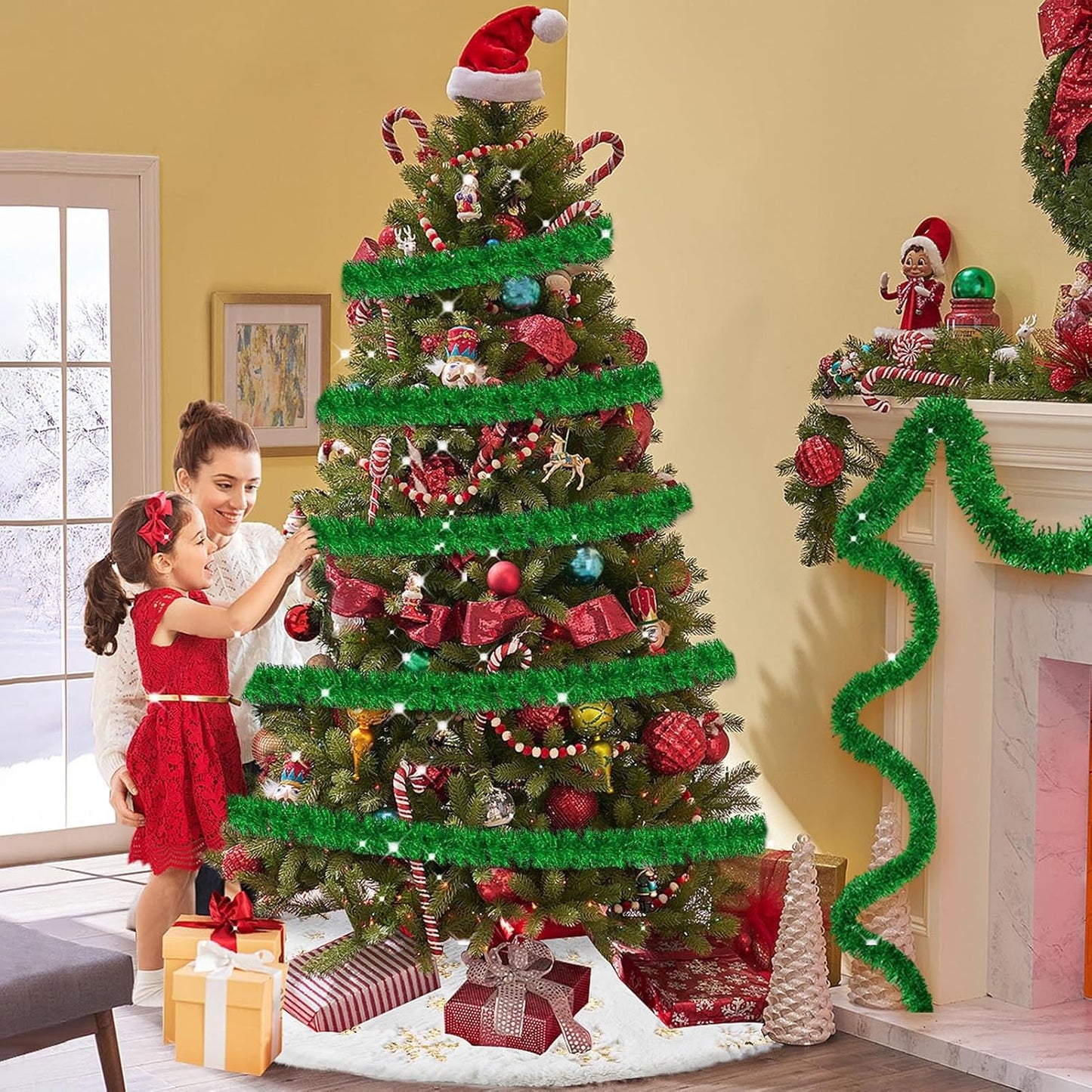 25 Feet Metallic Twist Tinsel Garland Backdrop for Parade Floats, Christmas Eve, New Year, Valentine's Day Party Decorations (Green, 4in x 25ft)