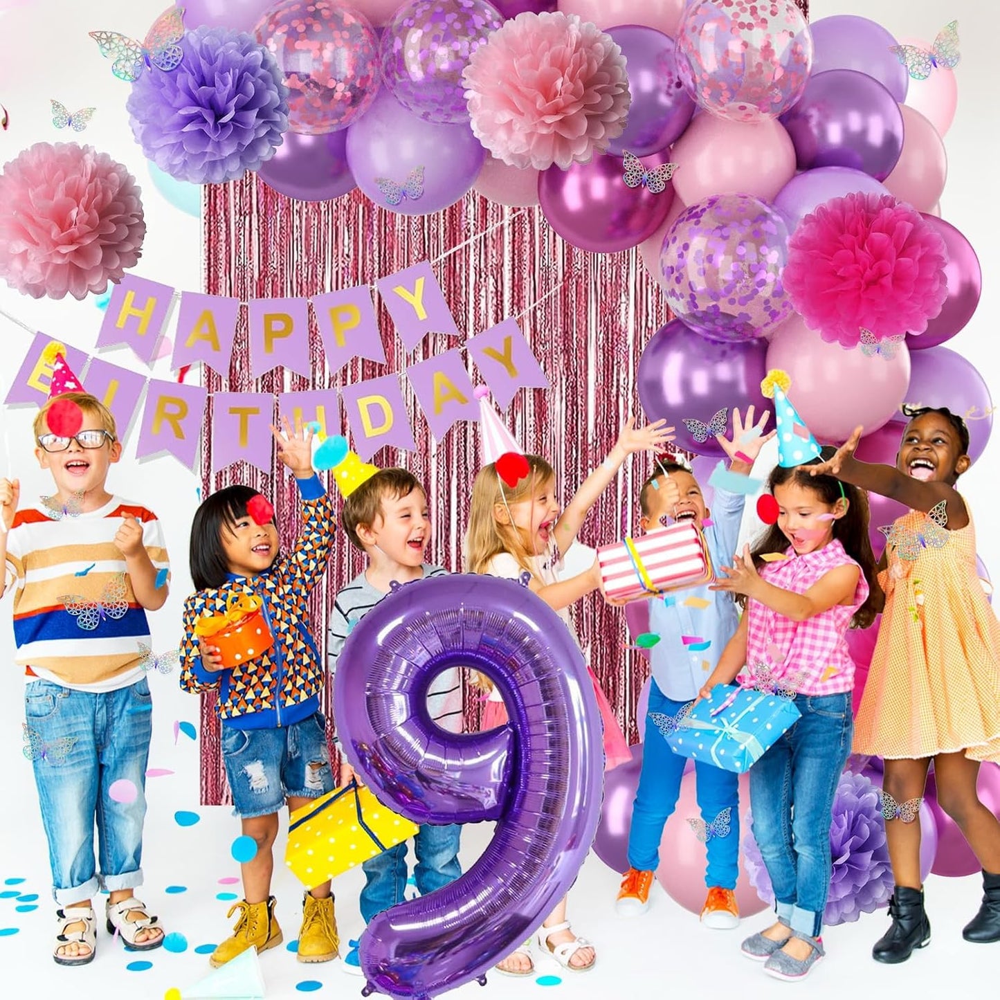 Pink Purple 9th Birthday Party Decorations for Girls Number 9 Balloon Happy Birthday Banner Butterfly Stickers Fringe Curtain Paper Pom Poms Metallic Hot Pink Star Foil Balloons 9 Year Old Princess