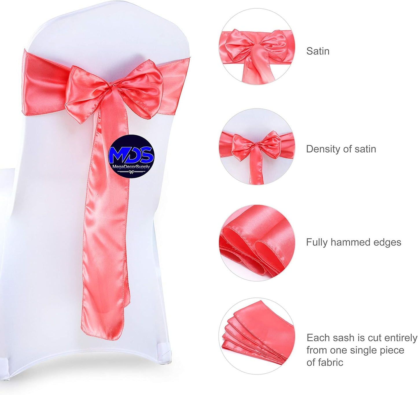 MDS Pack of 50 PCS Satin Chair Sashes Charmeuse Sateen Dining Chair Bows Ribbon Ties Back Sash for Wedding Party Birthday Home Hotel Restaurant Banquet Decoration (7 x 108 Inch, Coral)