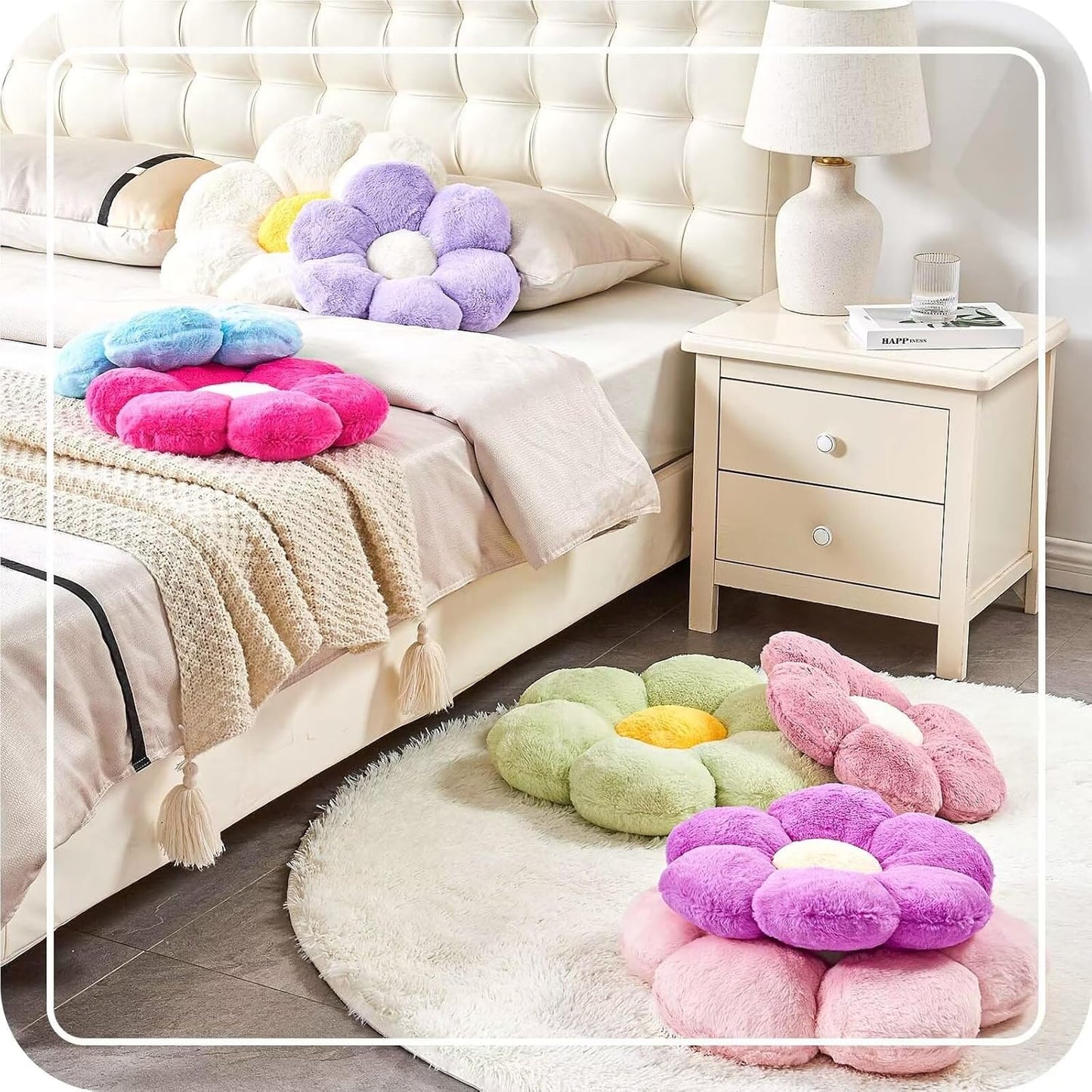Pink Flower Pillow, Cute Decorative Flower Shaped Throw Pillow with Faux Rabbit Fur, 19.6" Soft Flower Plush Throw Pillow Floor Pillows Room Décor for Bedroom Living Room