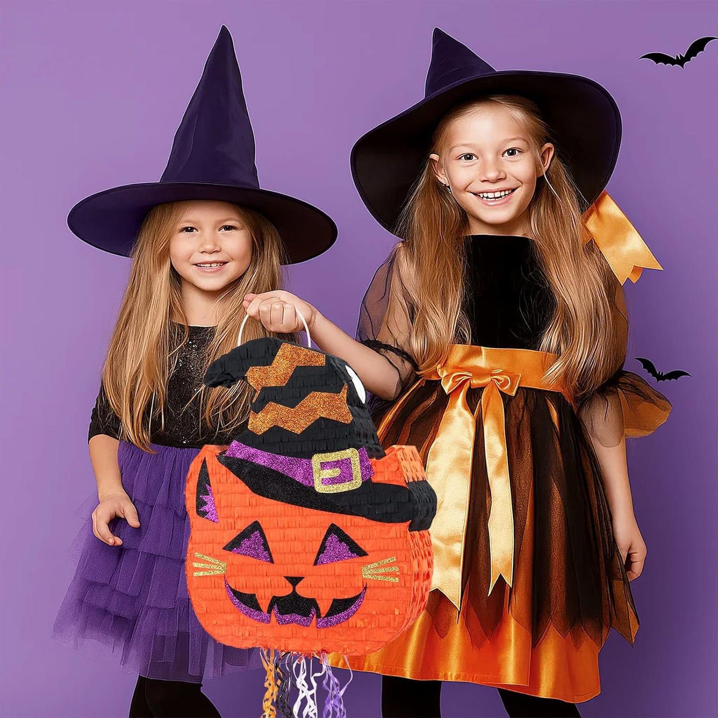 WERNNSAI Halloween Pumpkin Pinata - Halloween Pumpkin Party Decorations Black Cat Party Games for Kids Baby Hallows Eve Supply Jack O Lantern Pumpkin Design with Bat Blindfold