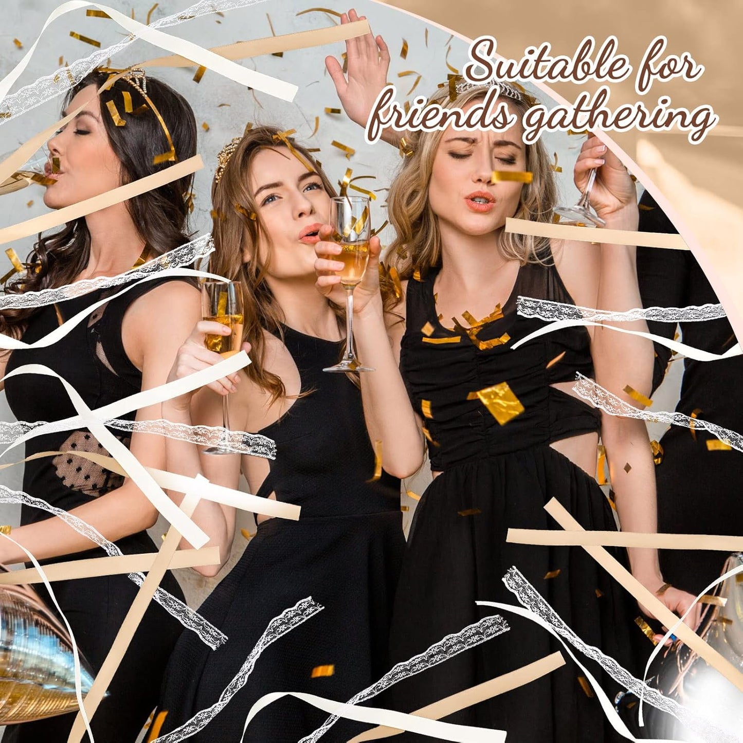 Taiyin 150 Pcs Lace Ribbon Stick Wands Wedding Wand Streamers with Bell Silk Ribbon Fairy Wand Wedding Send Off Streamer for Baby Shower Holiday Party Favors(Champagne, Beige)