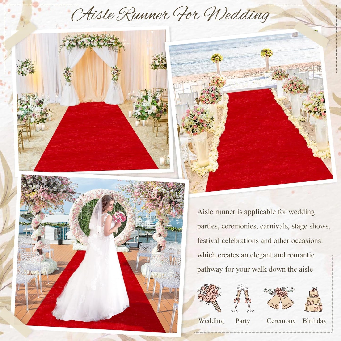 MODFUNS Red Carpet Runner for Parties 4x30ft Velvet Aisle Runner Wedding Runners Aisle Outdoor Event Carpet Runway Rug with Carpet Tape Farmhouse Aisle Floor Runners Ceremony Banquet Beach Rug