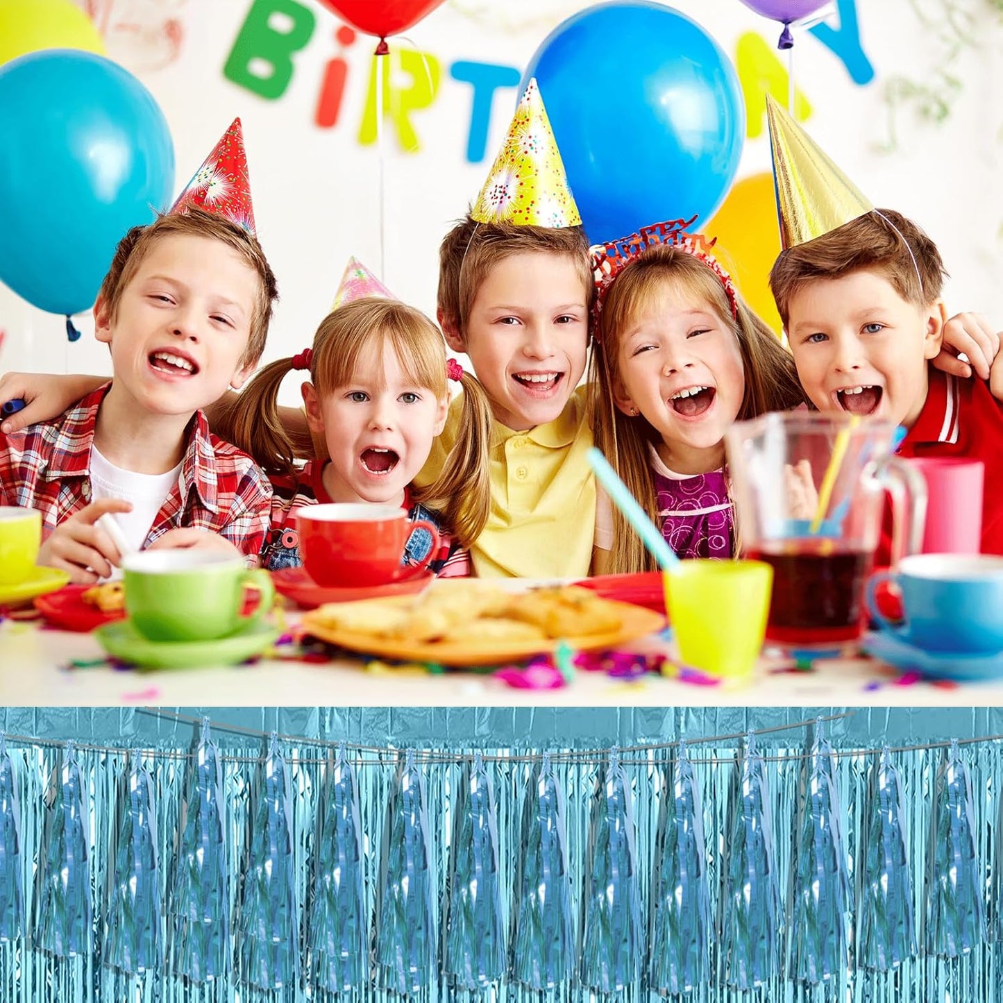 6P Light Blue Foil Fringe Metallic Tassel Streamers Banner Tassel Garland for Parade Floats, Bachelorette, Wedding, Birthday, Graduation, Christmas, Bridal/Baby Shower Party Decorations