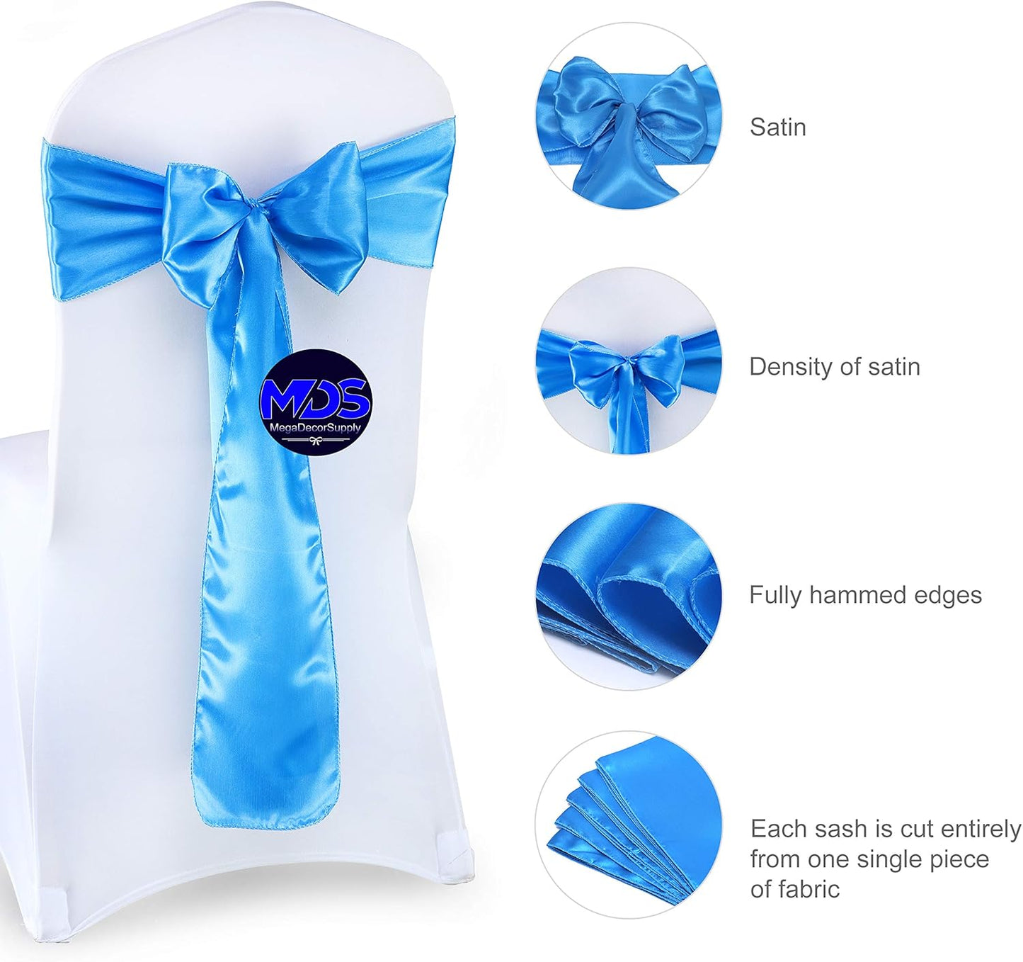 MDS Pack of 200 PCS Satin Chair Sashes Charmeuse Sateen Dining Chair Bows Ribbon Ties Back Sash for Wedding Party Birthday Home Hotel Restaurant Banquet Decoration (7 x 108 Inch, Blue)