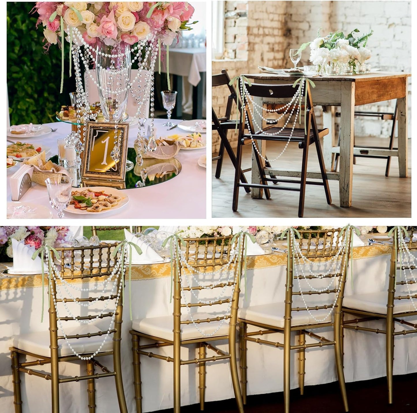 16 Pcs Wedding Pearl Bow Chair Decor Satin Ribbon Bows with Pearl Beaded String Garland Aisle Chair Sashes Decorations for Ceremony Coquette Party Banquet Decor (Sage Green)