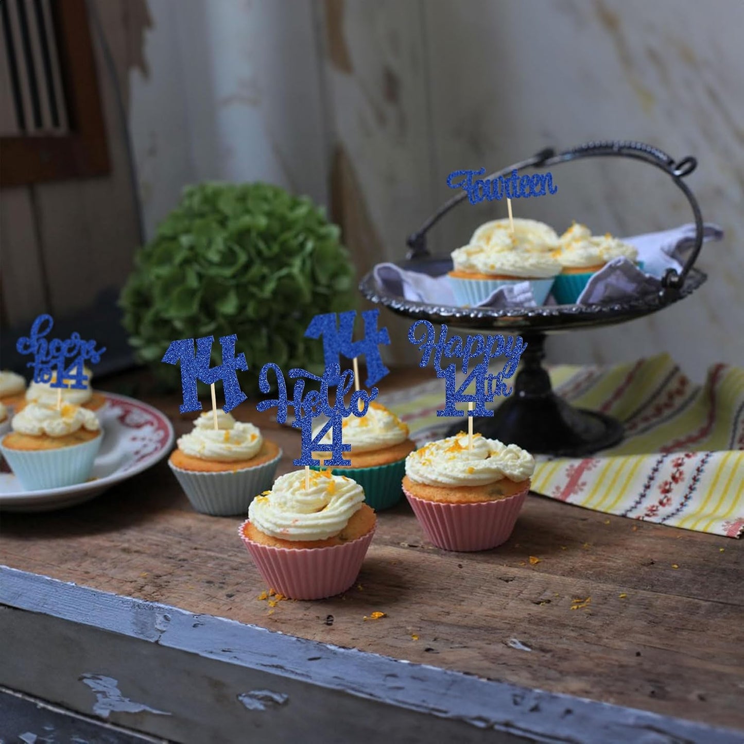 30Pcs 14th Birthday Cupcake Toppers Hello 14 Cupcake Picks Fourteen Cheers to 14 Years Old Cake Decorations for 14th Birthday Anniversary Party Supplies Deep Blue Glitter