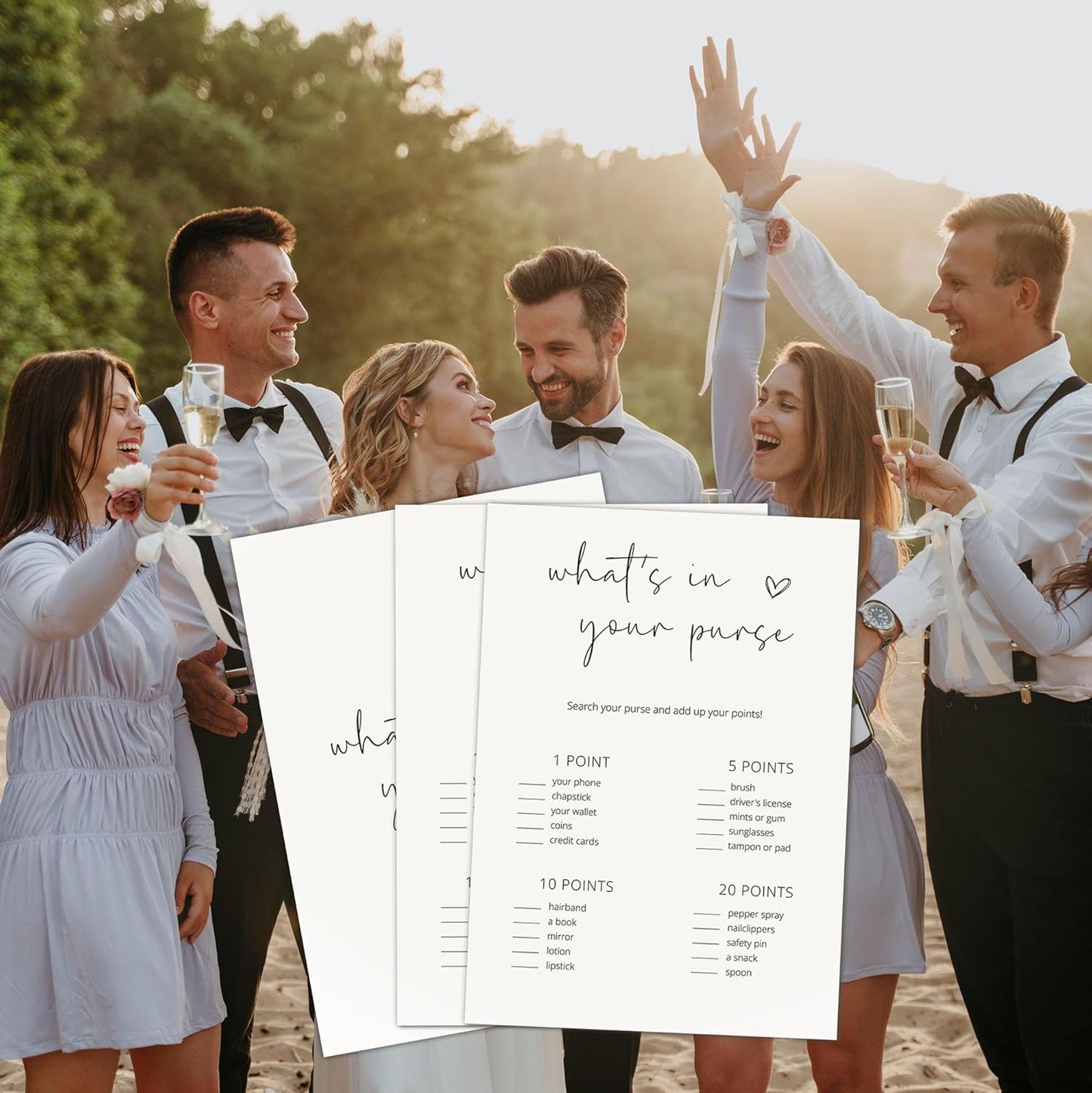 Bridal Shower Games, What's in Your Purse, 25Pcs Minimalist White Double-Sided Bridal Game Cards, Wedding Shower Games for Guests, Engagement Bachelorette Party Supplies - A18