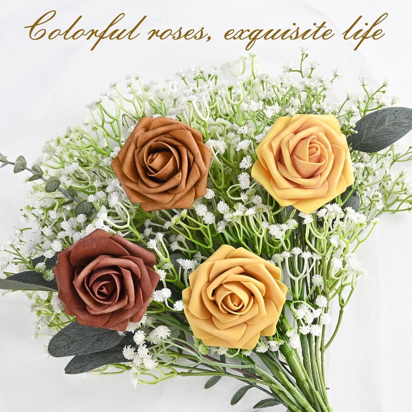 BLEUM CADE 36Pcs Artificial Flowers Fake Roses with Stems, Gradient Burnt Orange Boxed Foam Roses for DIY Bouquets Centerpieces Wedding Party Arrangement Bridal Shower Decor