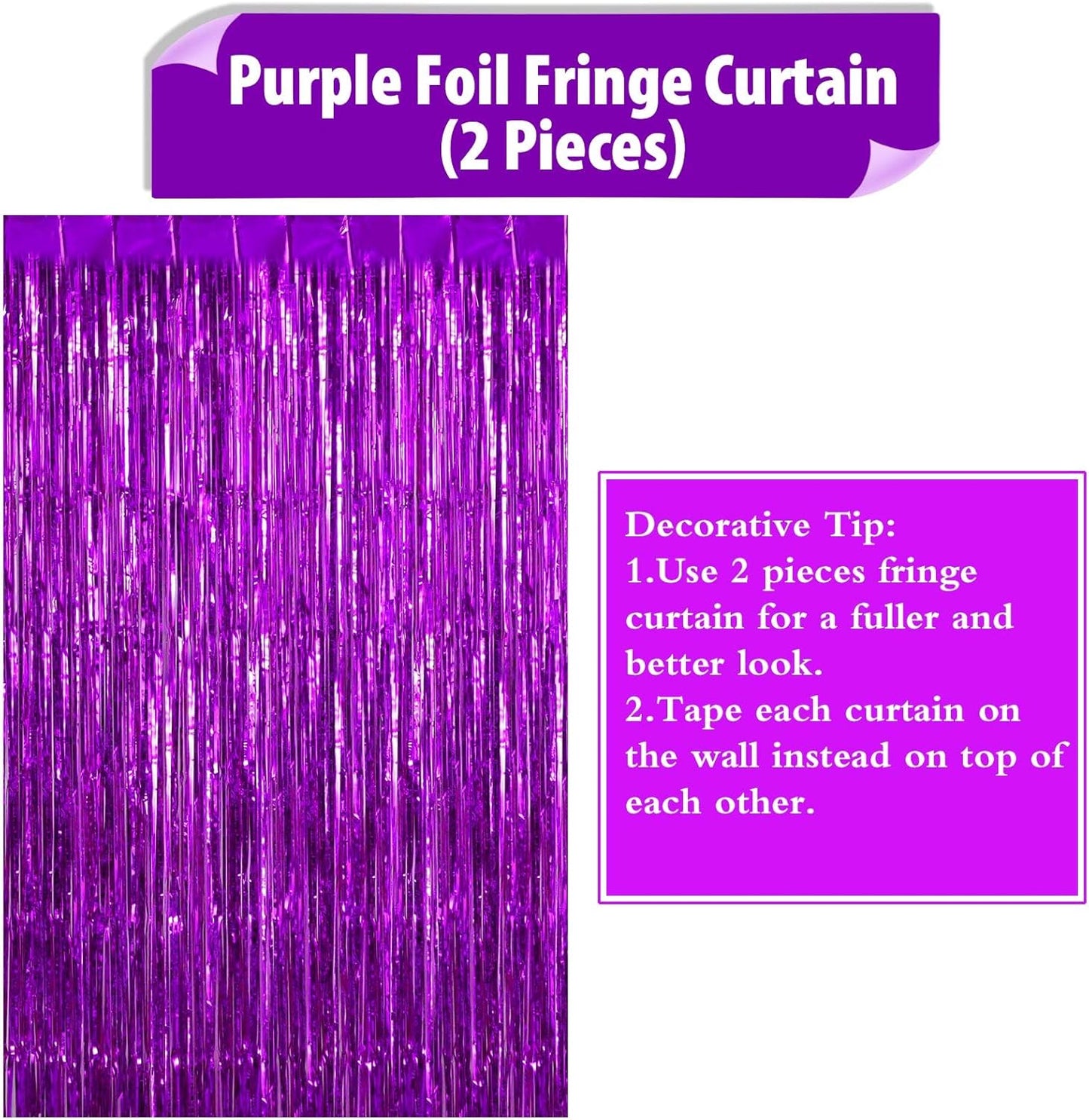 2 Pack Purple Fringe Curtains Foil Shiny Fringe Backdrop Tinsel Door Streamers Foil Curtains for Birthday Wedding Engagement Bridal Shower Celebration Party Decorations Large