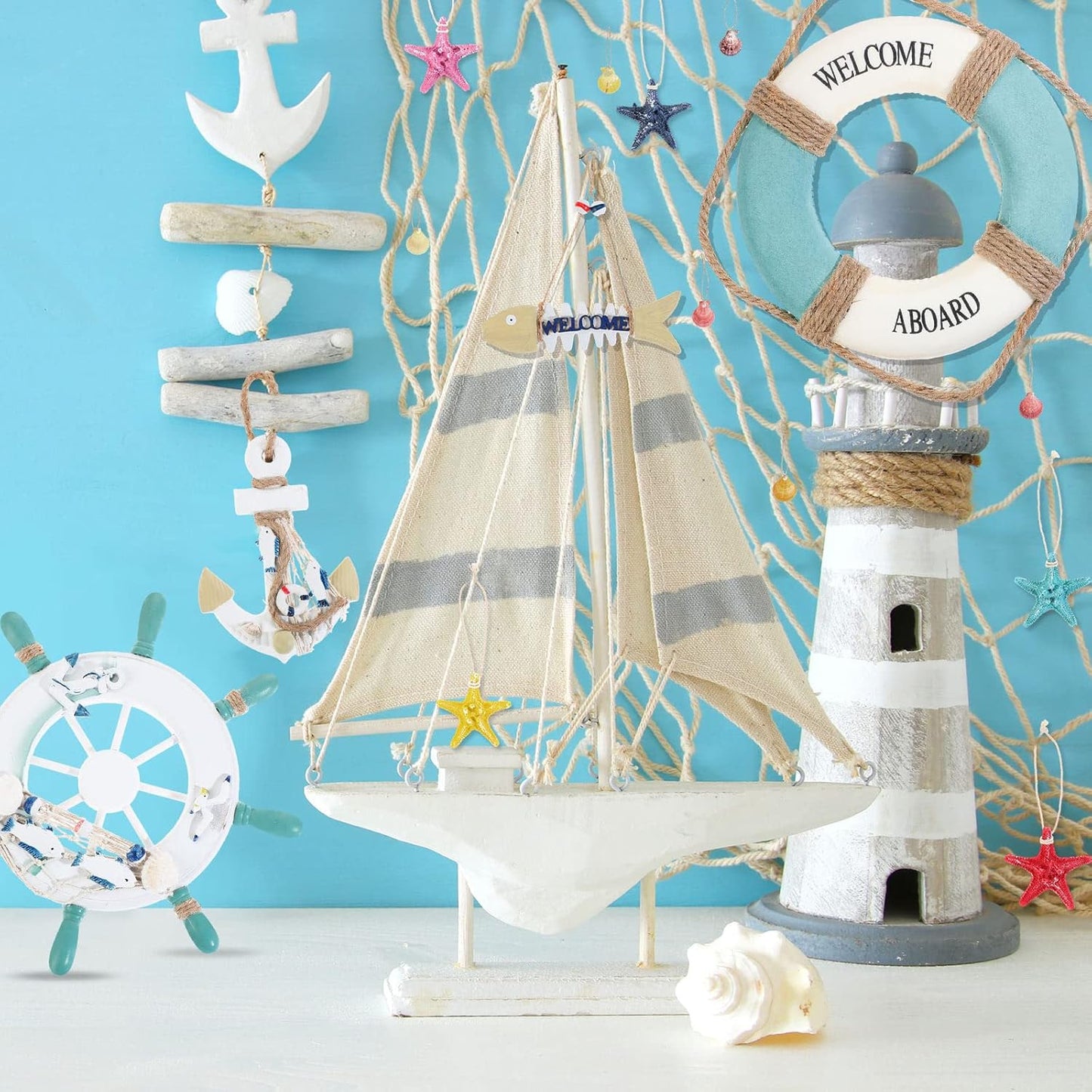 11 Pcs Wooden Nautical Wall Decor Fishing Net Decorations, Include Decorative Fishing Net, Ship Wheel, Fish Skeleton, Life Ring, Anchor, Starfish Beach Decor for Mediterranean Party (Wood Color)