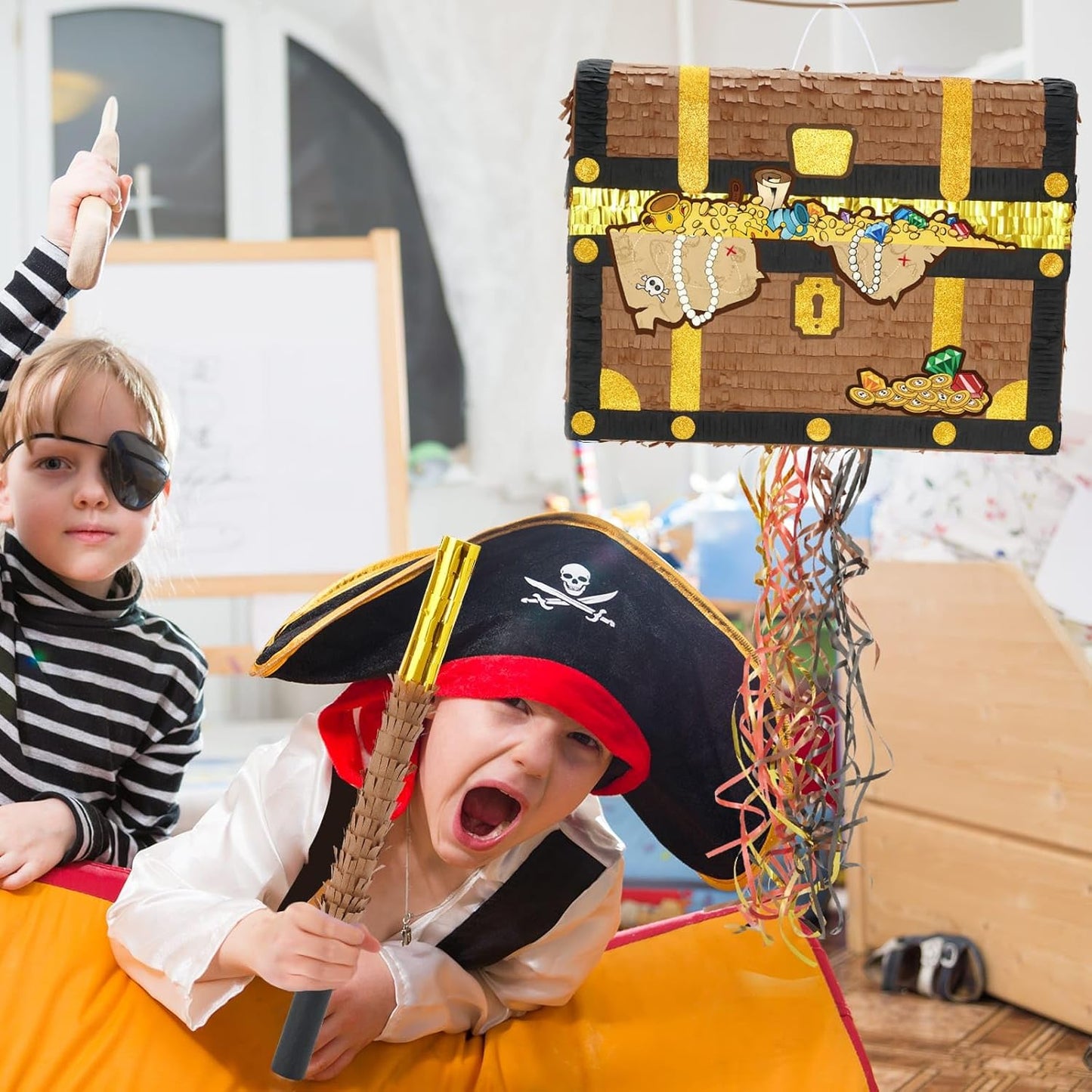 WERNNSAI Treasure Chest Piñata - Pull String Pirate Themed Piñata with Blindfold and Bat Adventure Birthday Party Decoration for Boys Kids Family Games Piñata Adventure Theme Party Supplies