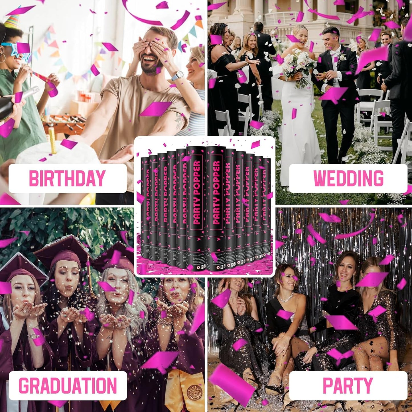 Party Poppers Confetti Cannon 12 Pack Royal Pink Confetti Popper Cannons 12Inch Mylar Shooters Foil Pink Party Bulk for Wedding Birthday Graduation Baby Gender Reveal Christmas New Year Celebration