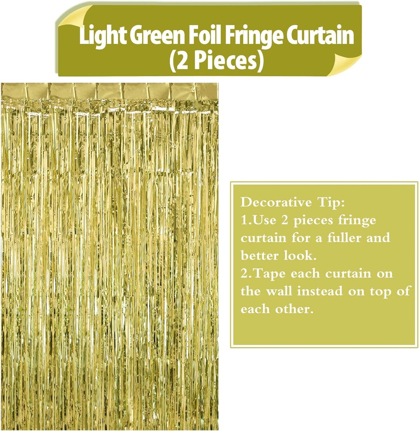 2 Pack Light Green Fringe Curtains Foil Shiny Fringe Backdrop Tinsel Door Streamers Foil Curtains for Birthday Wedding Engagement Bridal Shower Celebration Party Decorations Large