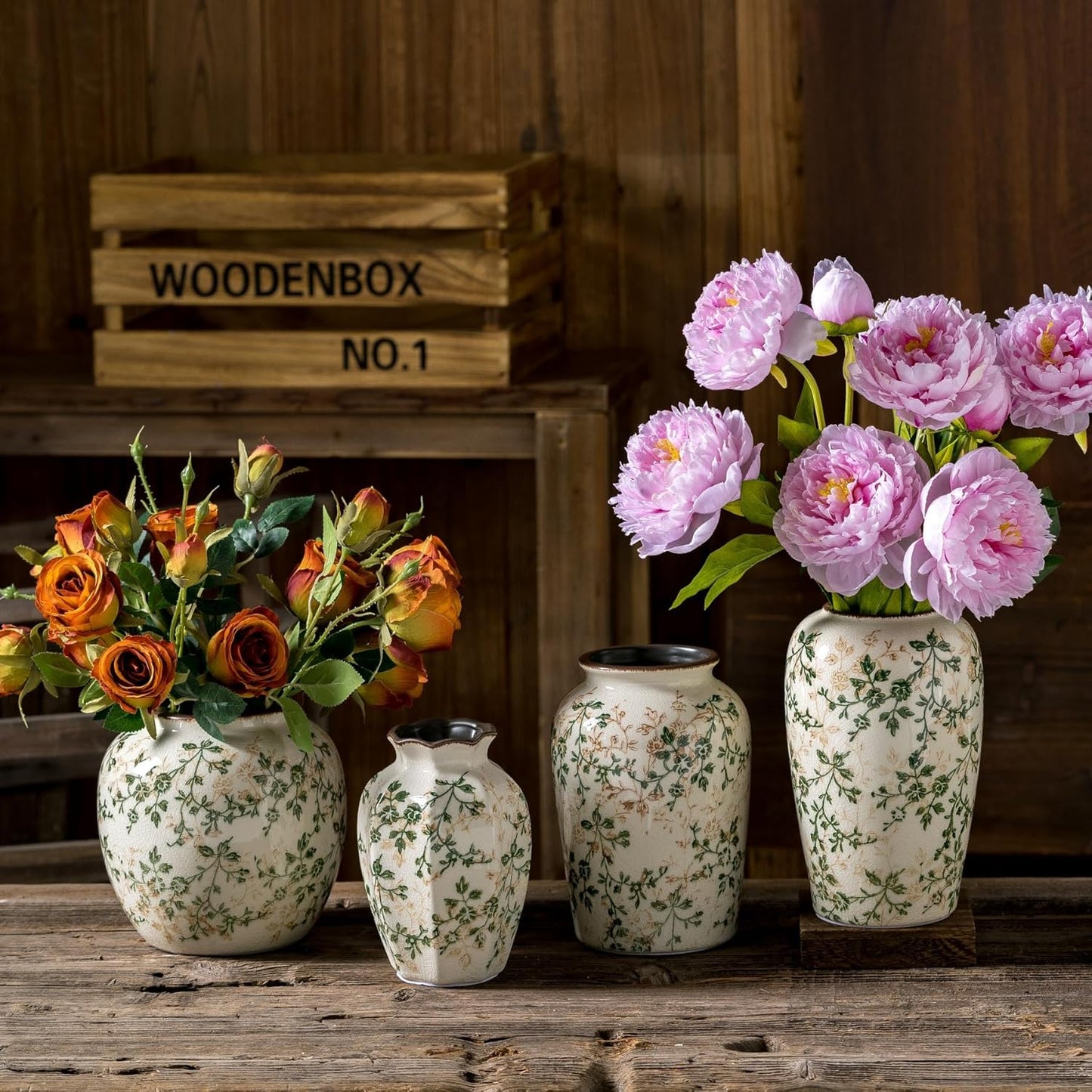 Vintage Pastoral Green and Beige Vase, Round Ceramic Floral Vases, Retro Ice Cracked Chinoiserie Vase for Home Decor, Living Room, Bookshelf, Office, Rustic Table Centerpiece 7.8 Inch