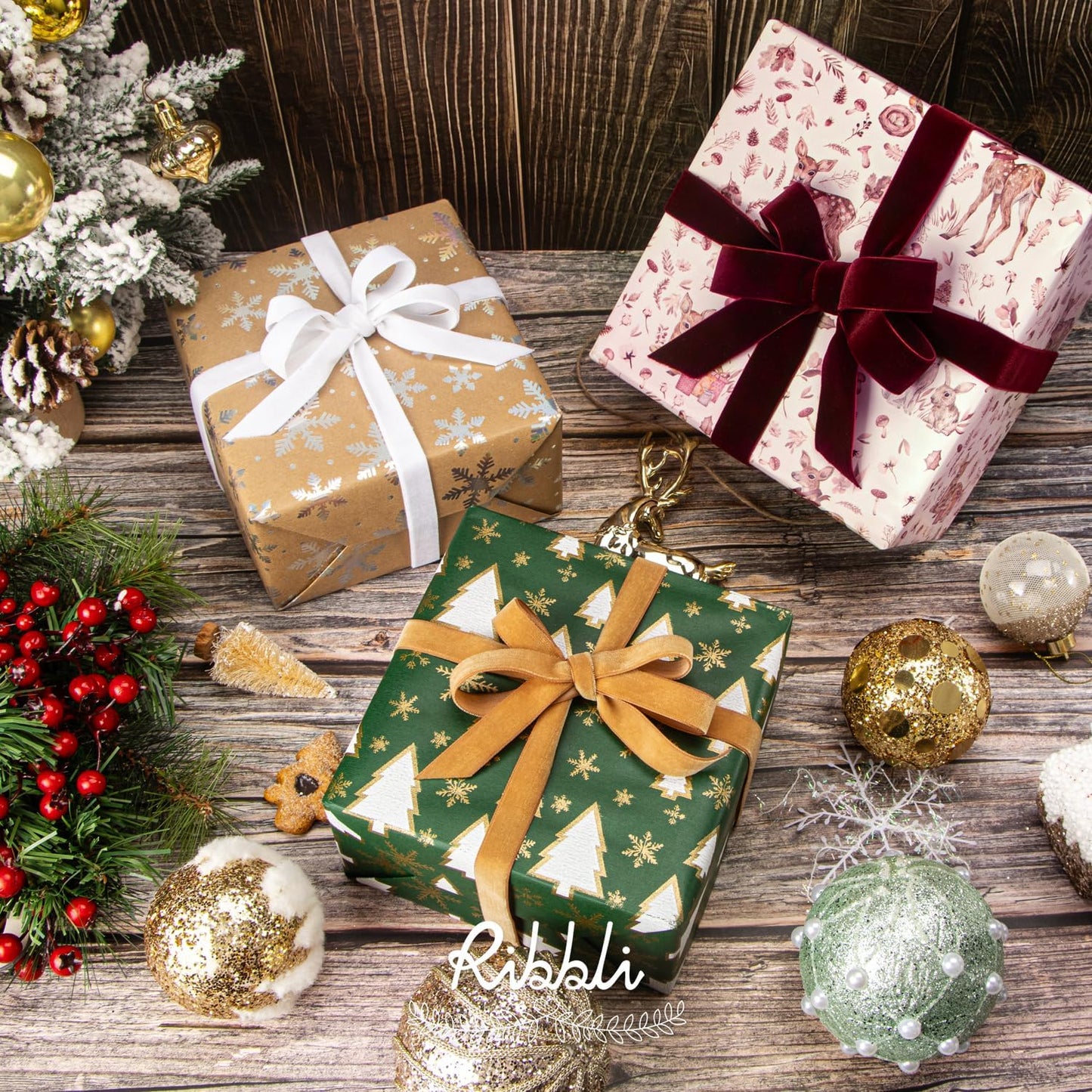 Ribbli Pink Christmas Wrapping Paper Rolls,Mini Roll-17 Inch x 33 Feet-Christmas Woods