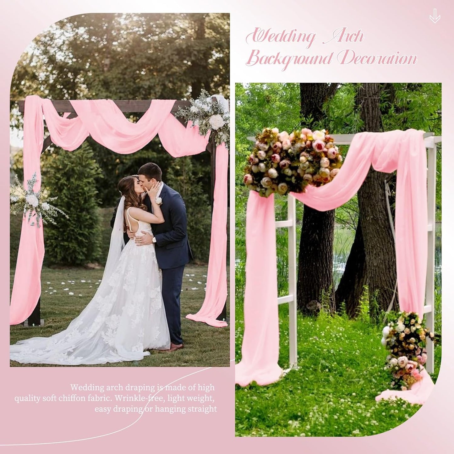 Wedding Arch Draping Fabric, 4 Panels 28" x20ft Pink Sheer Chiffon Curtain Drapes for Wedding Drapes Sheer Backdrop Curtains for Wedding Ceremony Reception Party Decoration