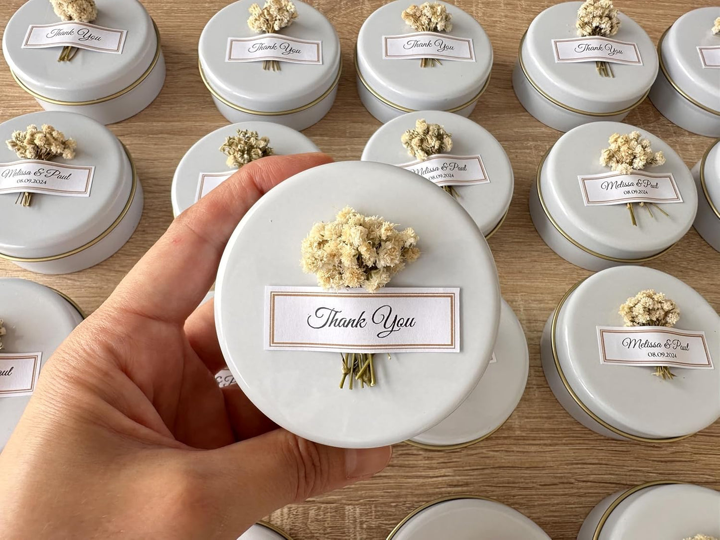 Scented Soy Wax Candle Favors with Dried Flowers - Personalized for Weddings, Bridal Showers, Baby Showers, Birthdays (10-20-30-40-50-100 PCS in Bulk)