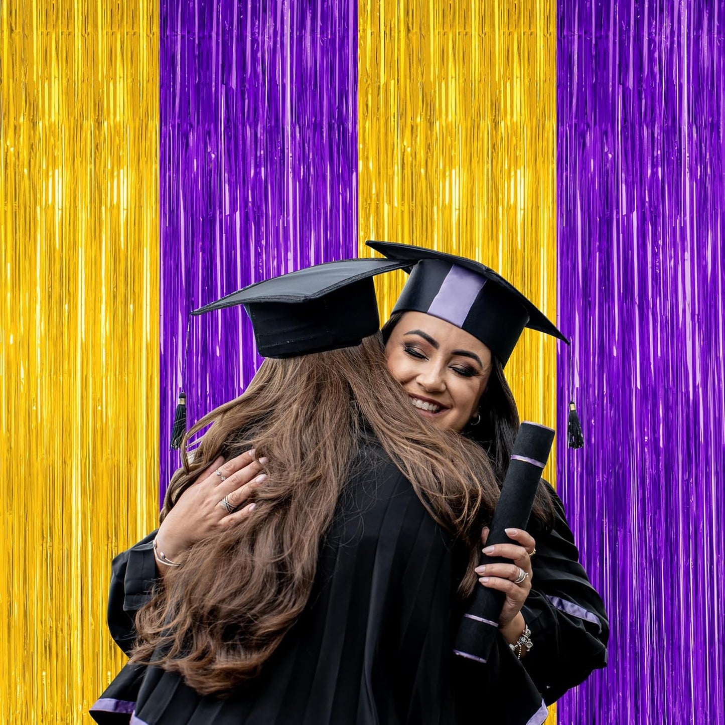 2 Pack Graduation Backdrop, 3.28 FT x 7.05 FT Grad Party Decorations 2025, Purple Gold Backdrop Foil Fringe Curtains, Metallic Purple and Gold Graduation Decorations Class of 2025 Decor