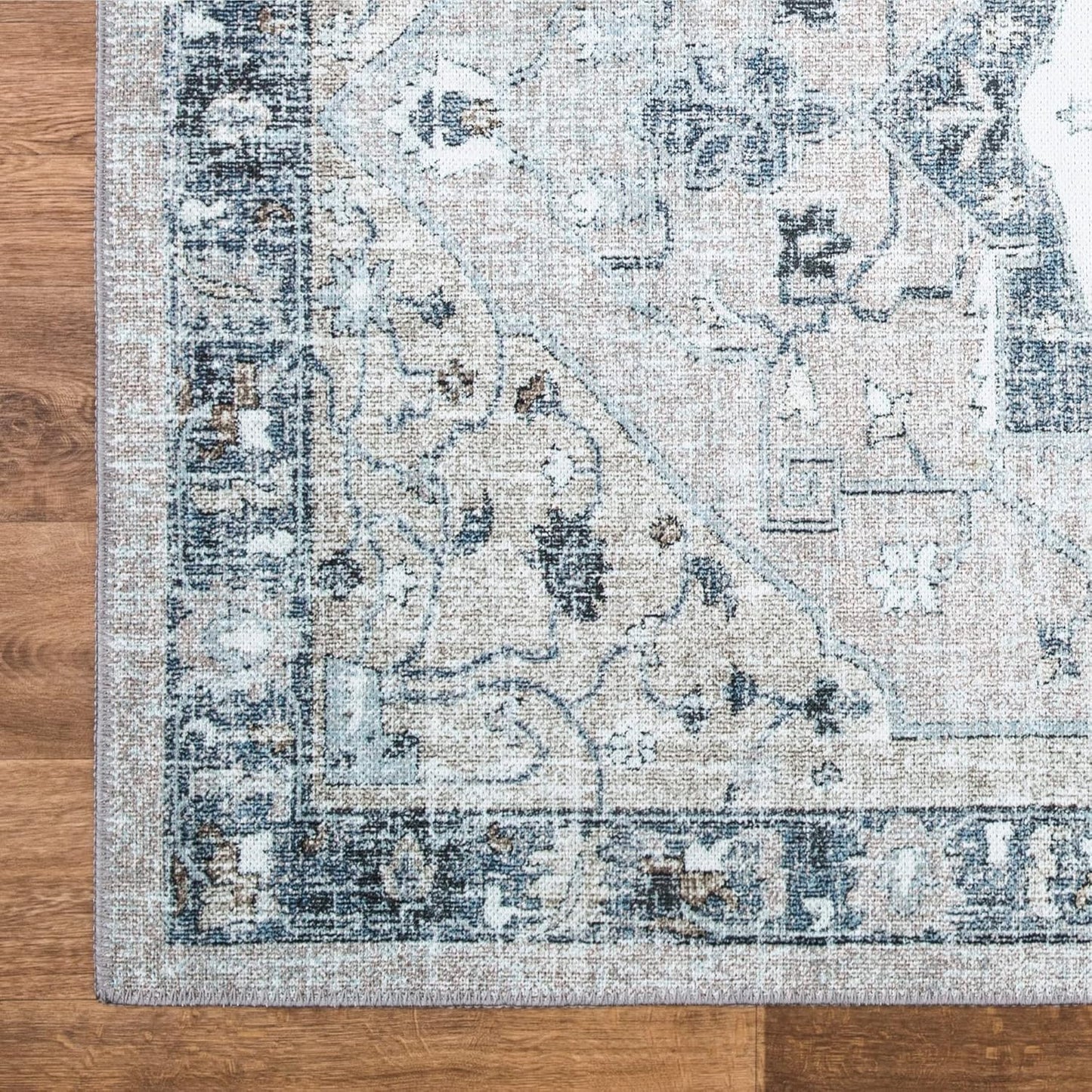 Bloom Rugs Washable Non-Slip 4' x 6' Rug - Pebble Gray/Blue Traditional Medallion Area Rug for Living Room, Bedroom, Dining Room, and Kitchen - Exact Size: 4' x 6'