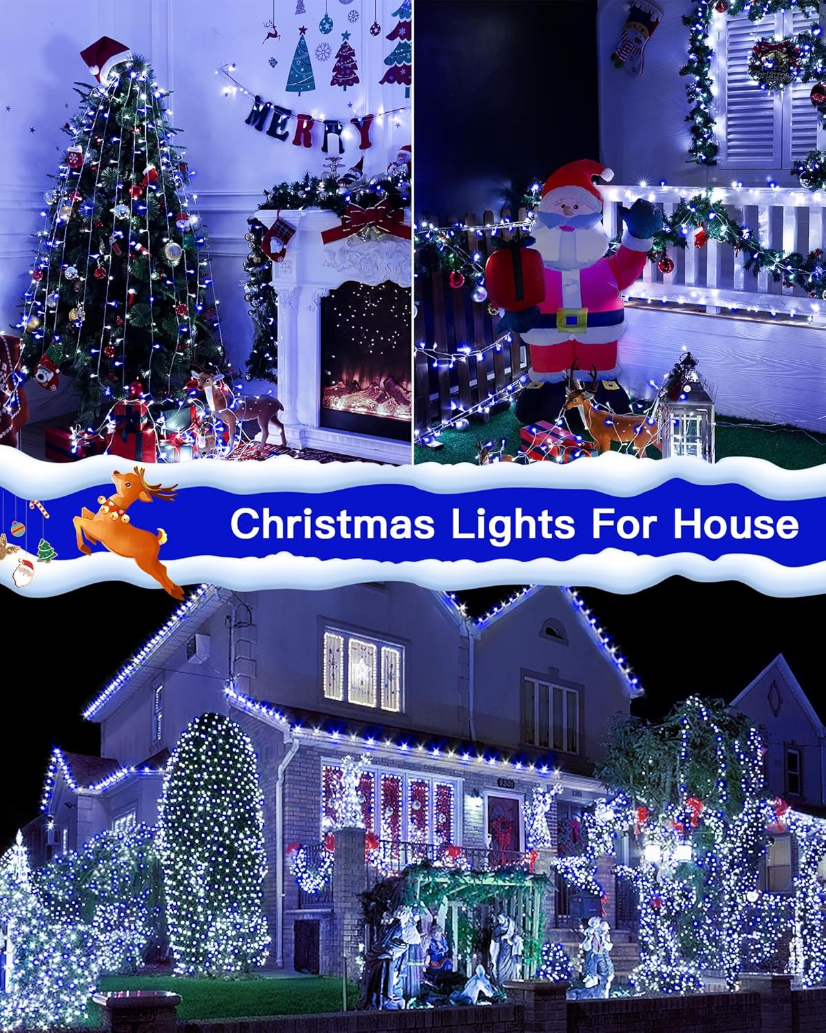 Christmas Lights Outdoor Waterproof, 196FT 600LED String Lights with Remote,8 Modes LED Lights Plug in Twinkle Fairy Light for Party Holiday Decor (Blue+White)