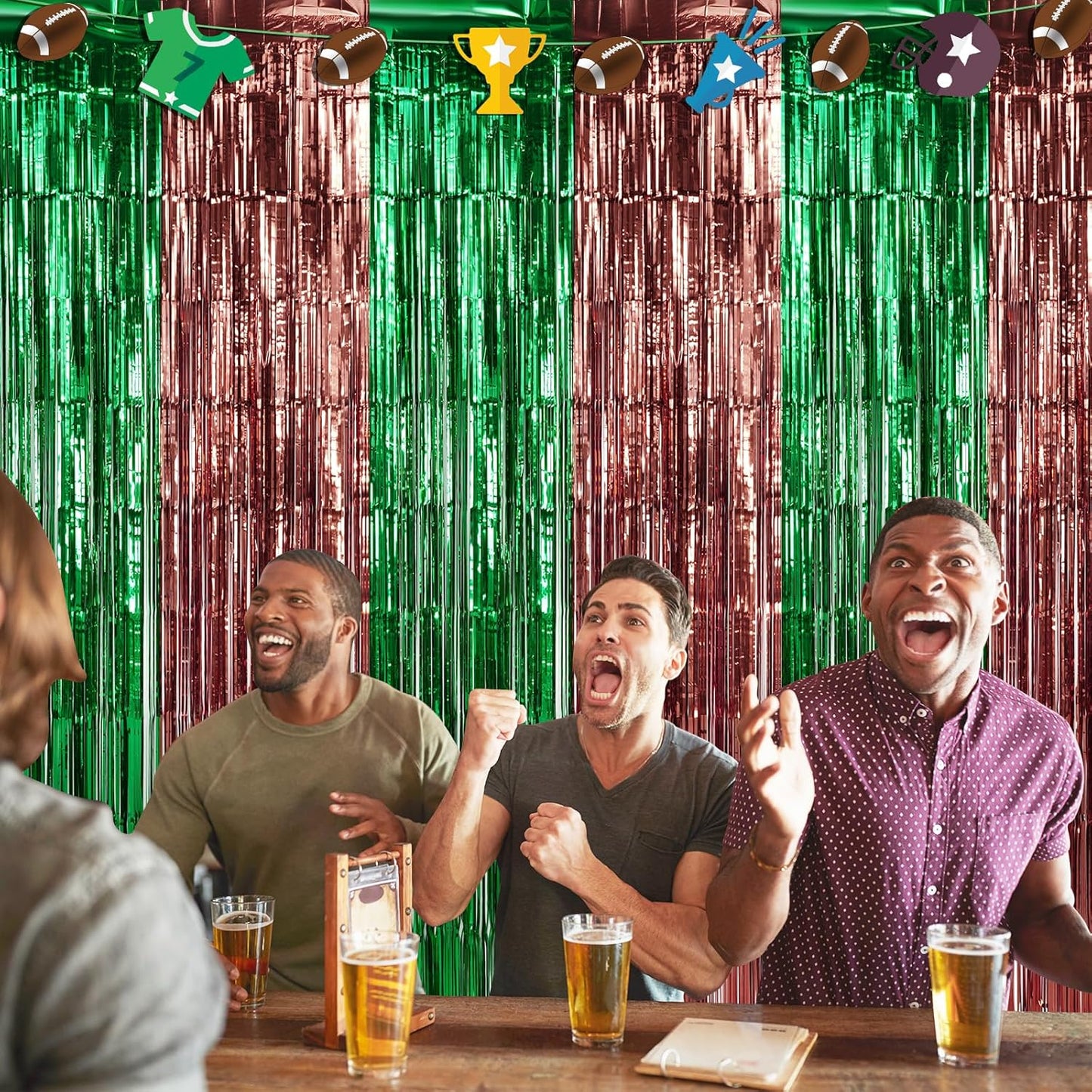 3 Pack 3.3x6.6Ft Superbowl Football Foil Fringe Curtain Backdrop Decorations, Dark Green and Brown Metallic Tinsel Foil Streamers Curtain Photo Background for Superbowl Sports Football Birthday Party