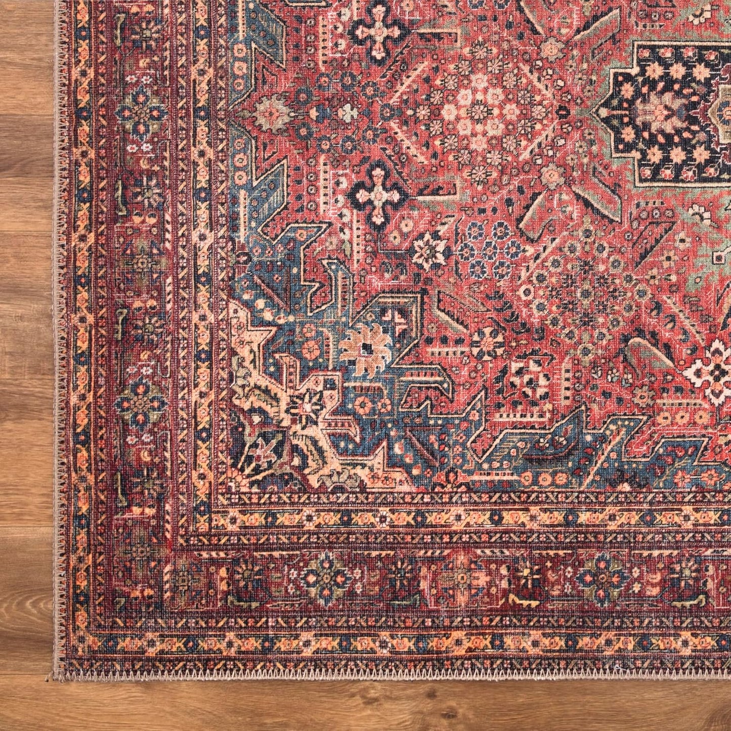 Bloom Rugs Washable Non-Slip 3' x 5' Rug - Red/Teal Blue/Yellow Traditional Medallion Area Rug for Living Room, Bedroom, Dining Room, and Kitchen - Exact Size: 3' x 5'