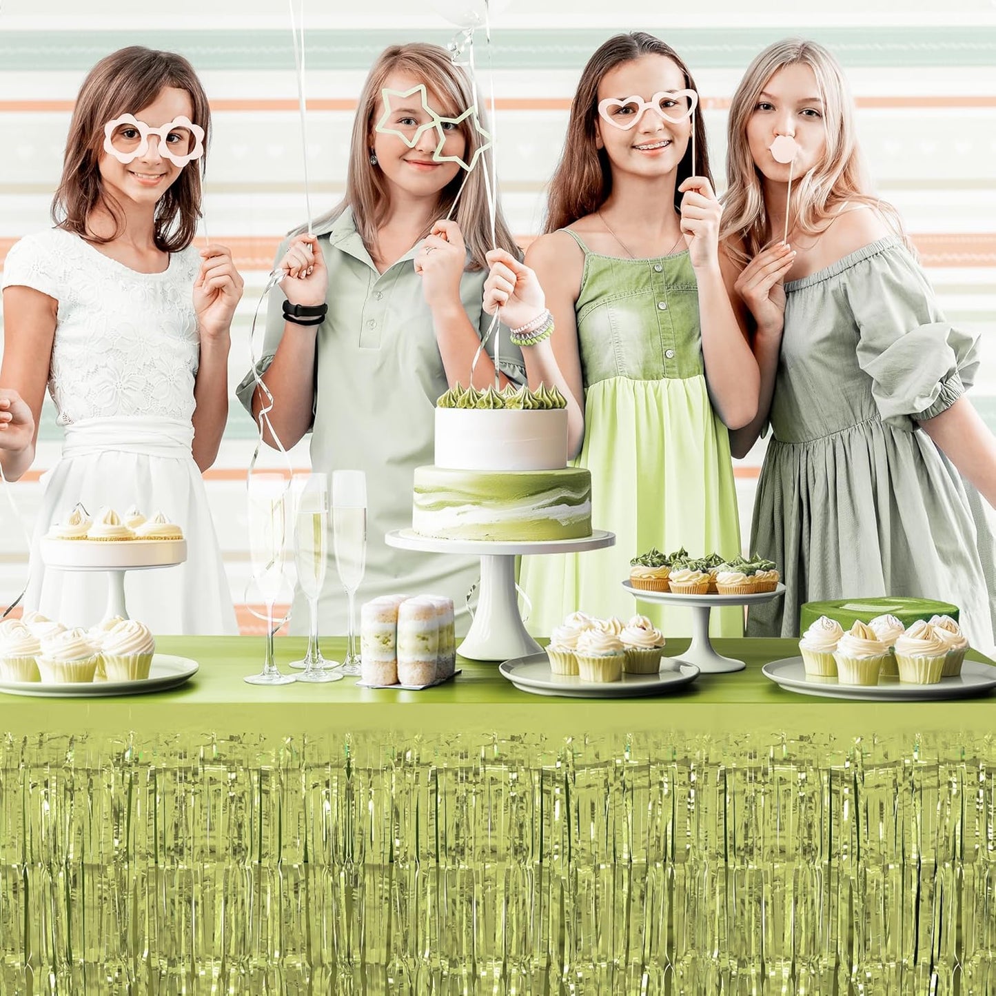 2 Pack Lime Green Table Skirts, 29x108" Metallic Foil Tinsel Fringe Table Skirt for Rectangle Tables Streamer Curtains Backdrop, Party Decorations for Birthdays, Weddings, Holidays