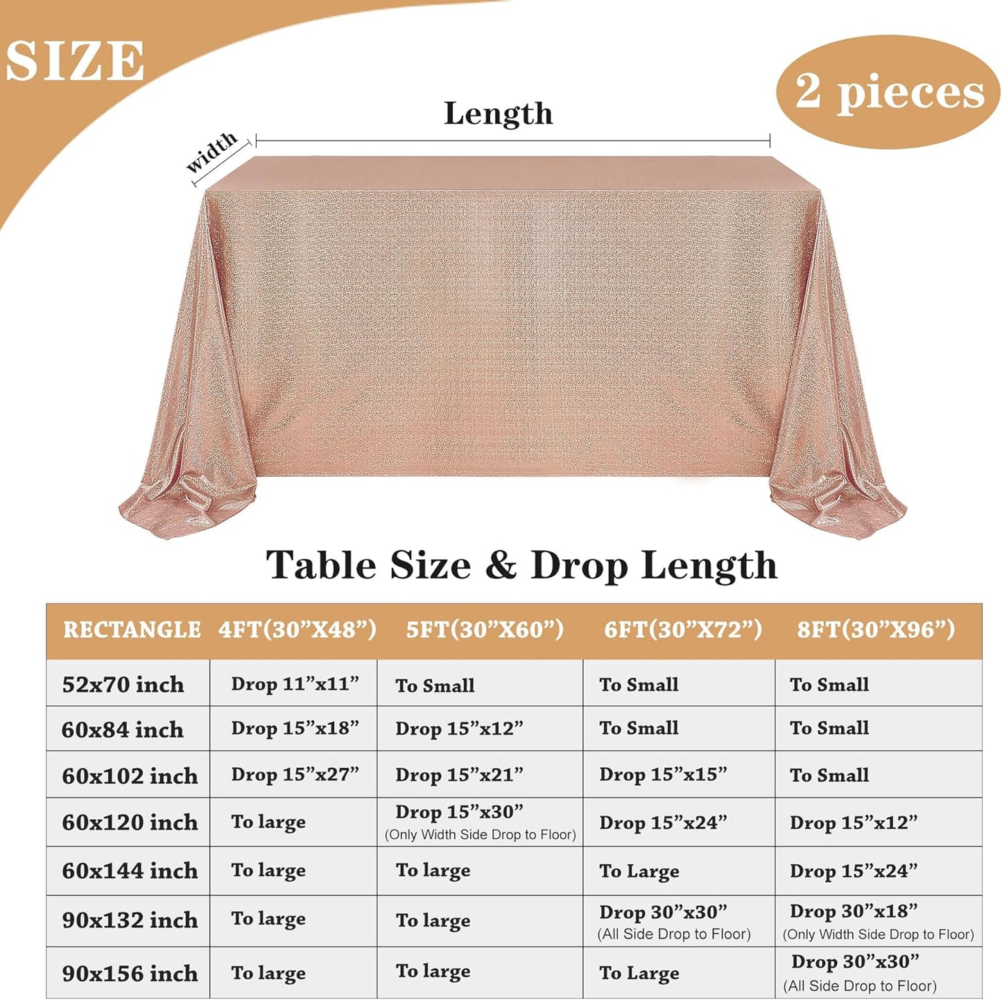 Fitable Rose Gold Sequin Tablecloth for Parties - 2 Pack, 60x102 Inch - Sparkle Glitter Rectangle Tablecloth for 8 Foot Tables, Party Table Overlays for Wedding Baby Shower Photography