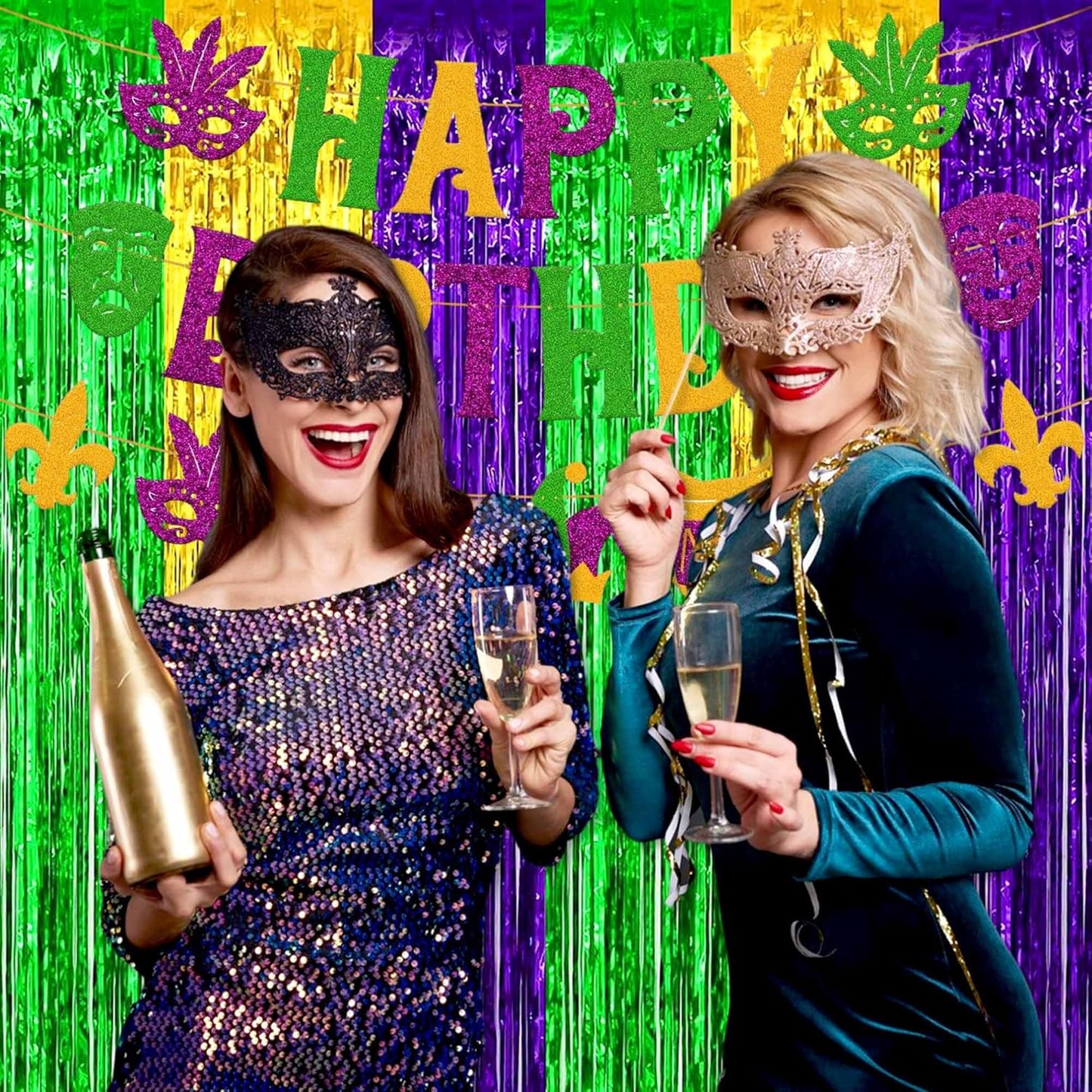 6 Pack Gold Green Purple Foil Fringe Curtains Backdrop, 3.28 x 8.2 Ft Metallic Streamers Tinsel Curtains Background for Photo Booth, Birthday, Weddings, Carnivals, Graduation, Themed Party Decorations