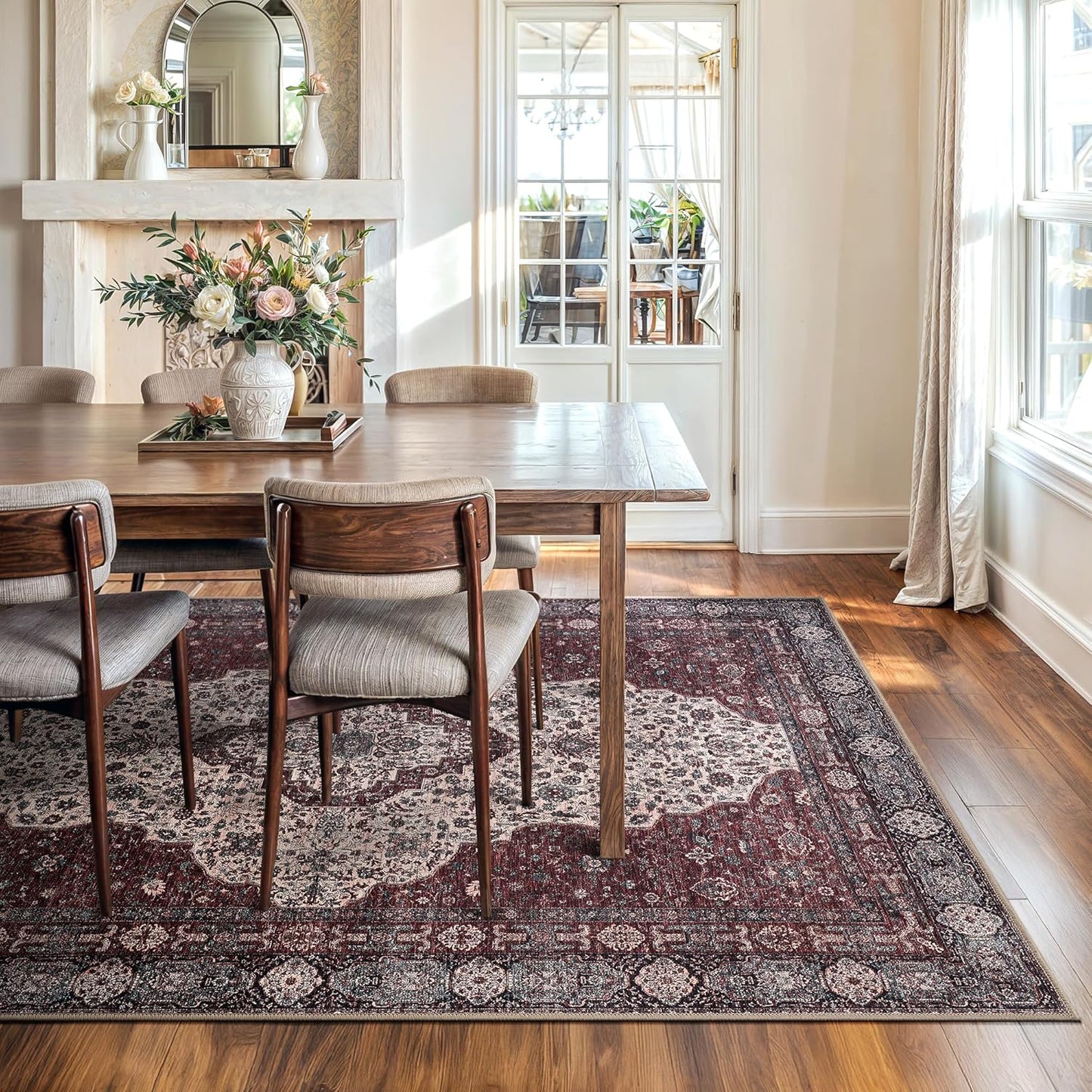 Bloom Rugs Washable Non-Slip 8' x 10' Rug - Red/Green/Cream Traditional Medallion Area Rug for Living Room, Bedroom, Dining Room, and Kitchen - Exact Size: 8' x 10'