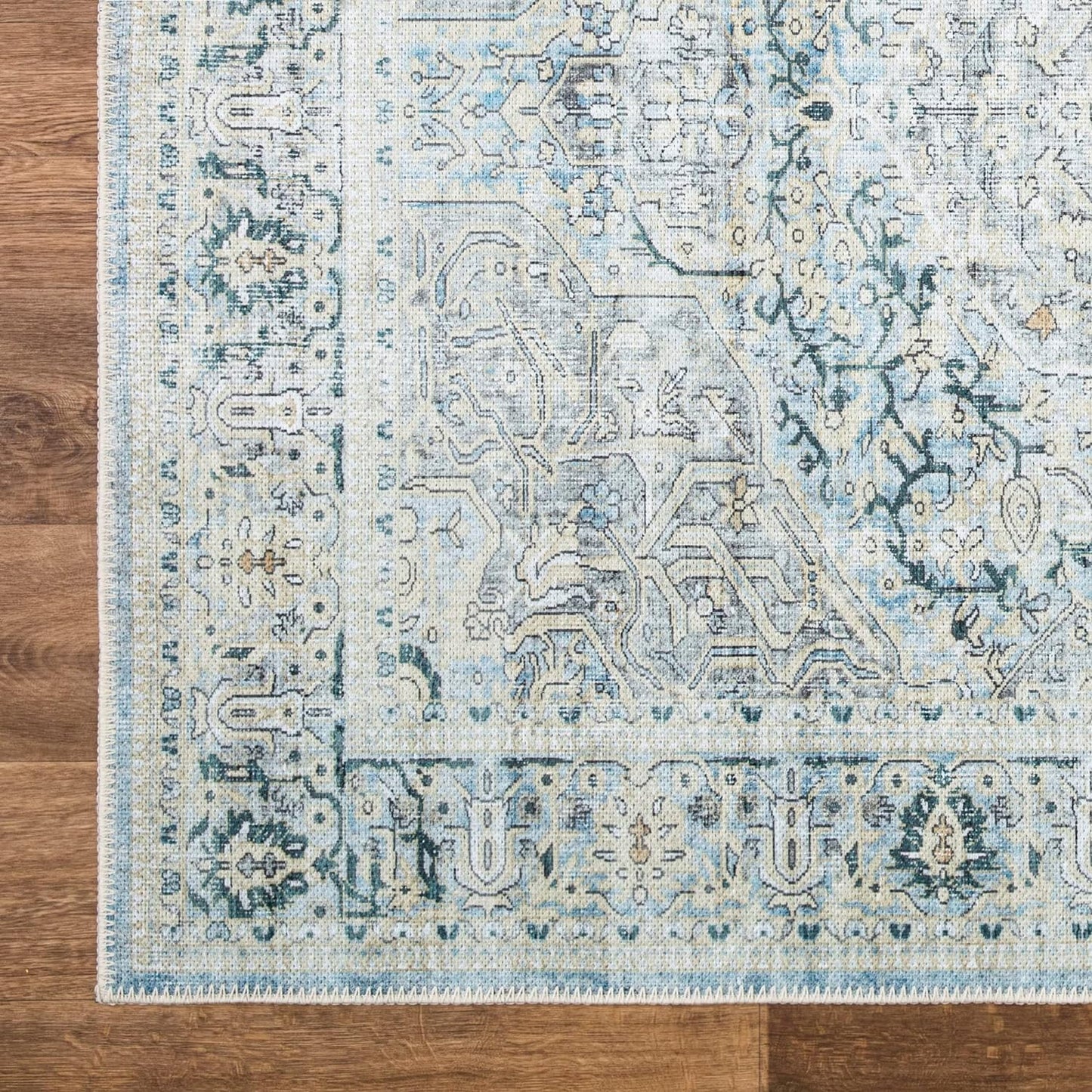 Bloom Rugs Washable Non-Slip 4' x 6' Rug - Cream/Light Blue/Teal Traditional Medallion Area Rug for Living Room, Bedroom, Dining Room, and Kitchen - Exact Size: 4' x 6'