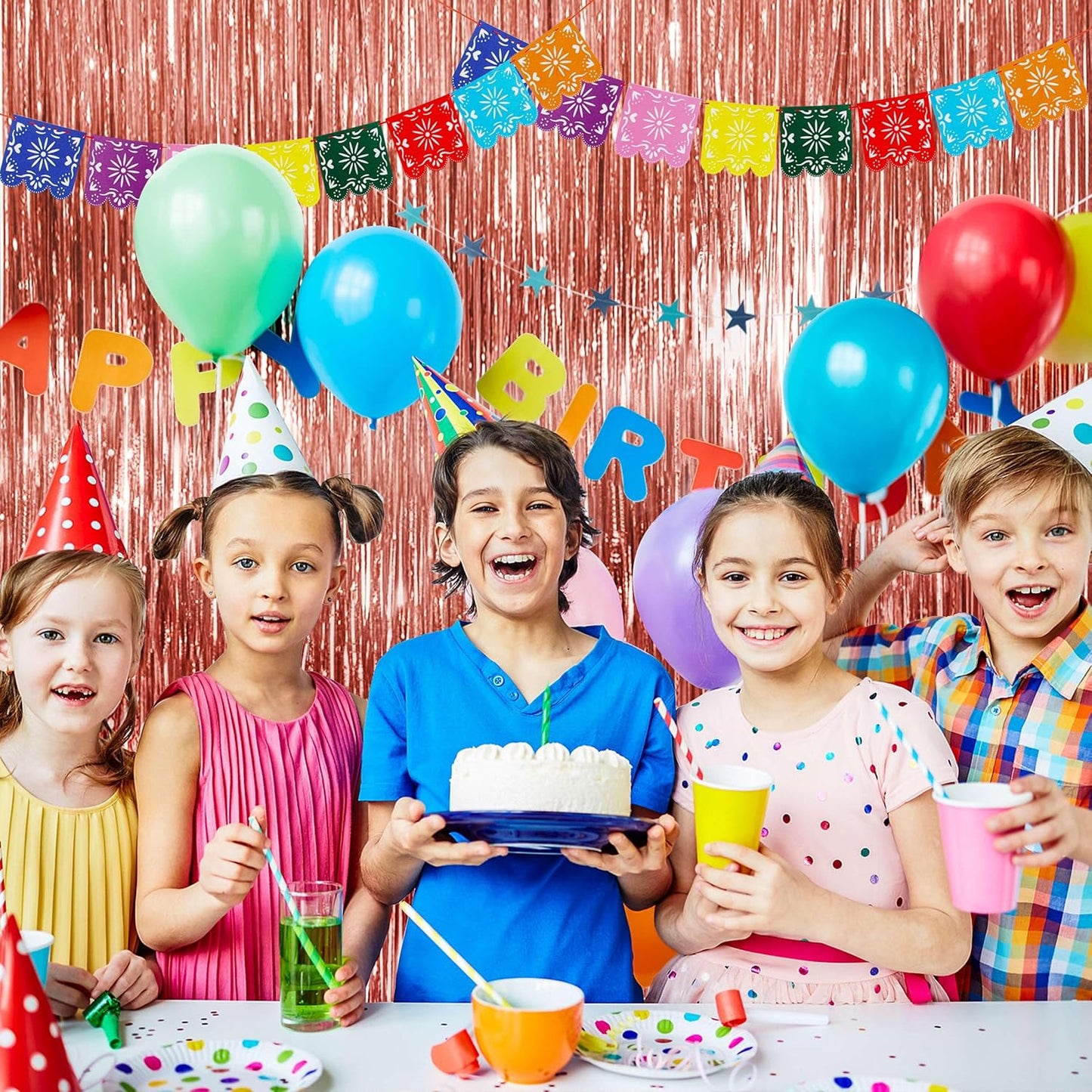 BTSD-home 4 Pack Rose Gold Foil Fringe Curtain, Metallic Photo Booth Backdrop Tinsel Door Curtains for Wedding Birthday Bridal Shower Baby Shower Bachelorette Christmas Party Decorations(3ft x 8ft)