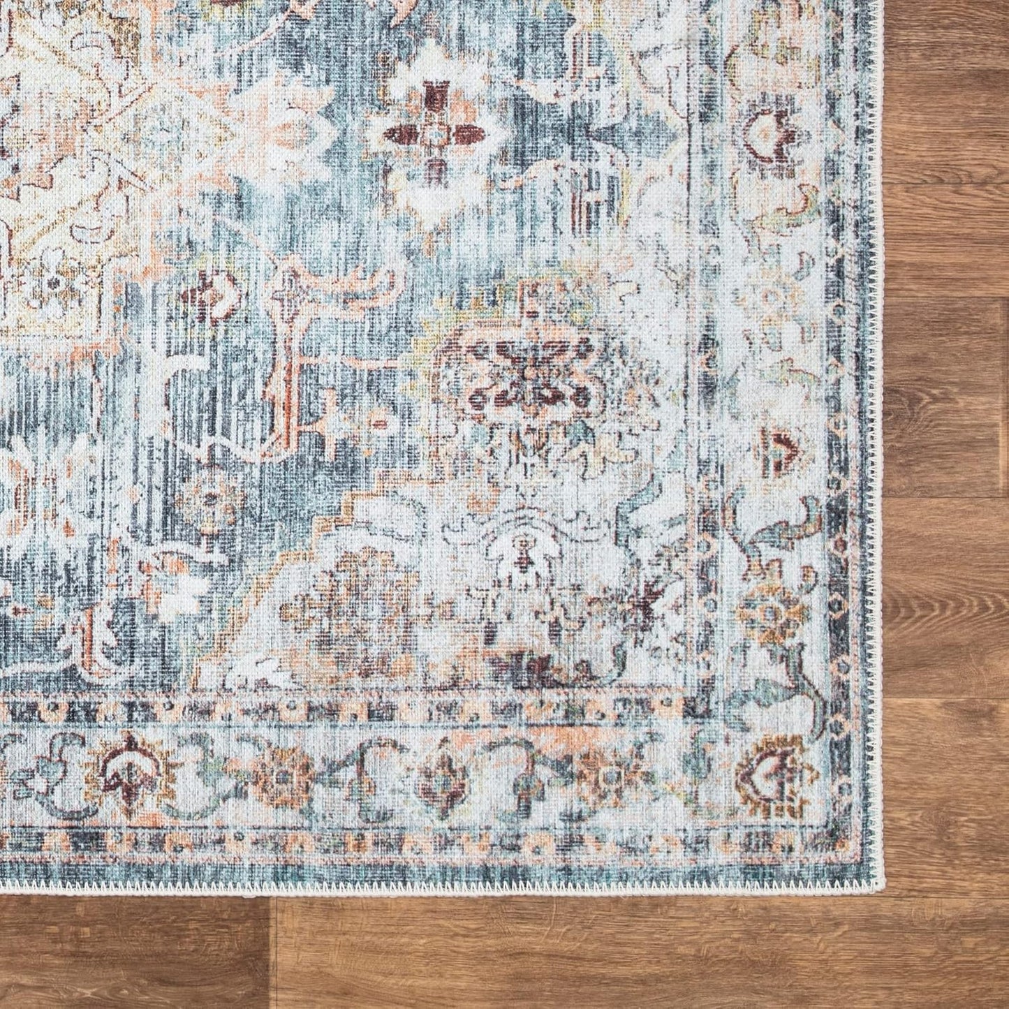 Bloom Rugs Washable Non-Slip 8' x 10' Rug - Teal/Peach Traditional Area Rug for Living Room, Bedroom, Dining Room, and Kitchen - Exact Size: 8' x 10'