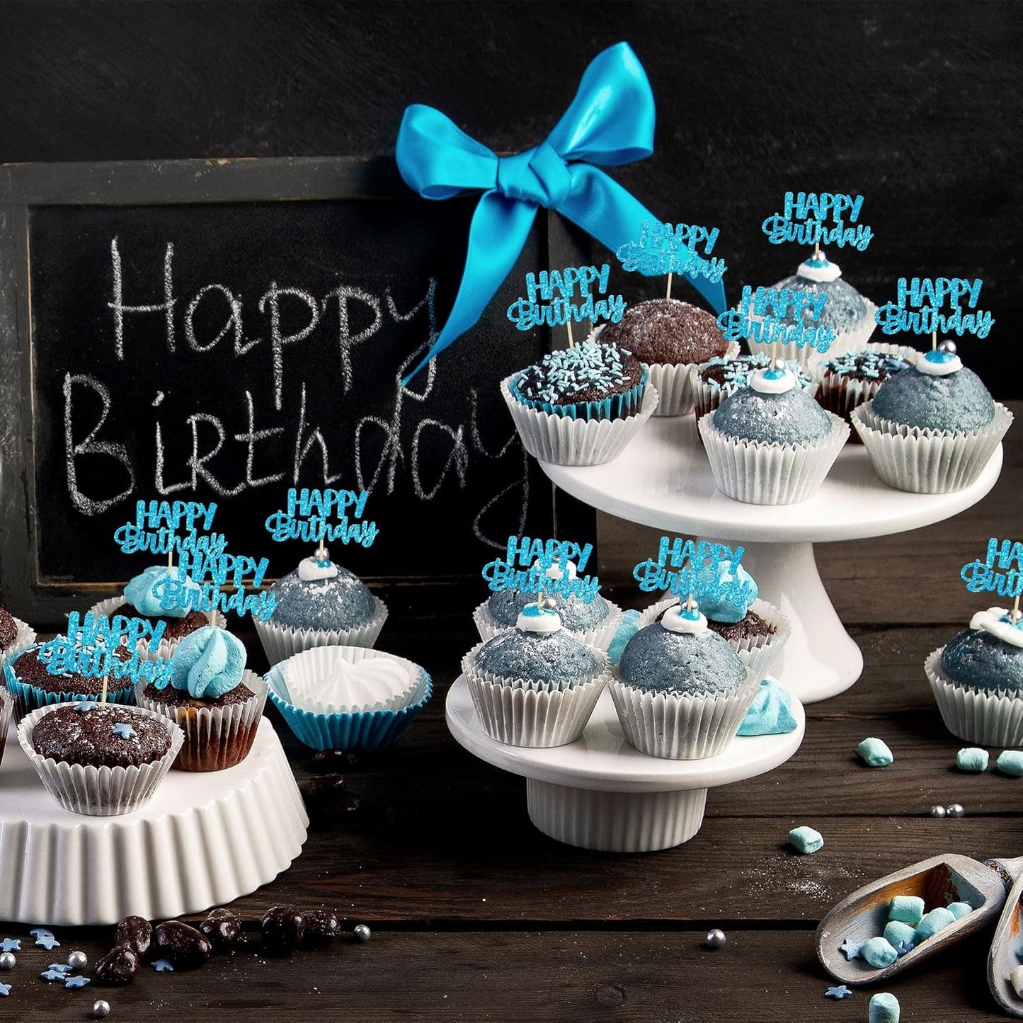 Gyufise Happy Birthday Cupcake Toppers Blue Glitter Birthday Cake Topper Picks Dessert Topper Decoration for Birthday Party Anniversary Celebration Pack of 24