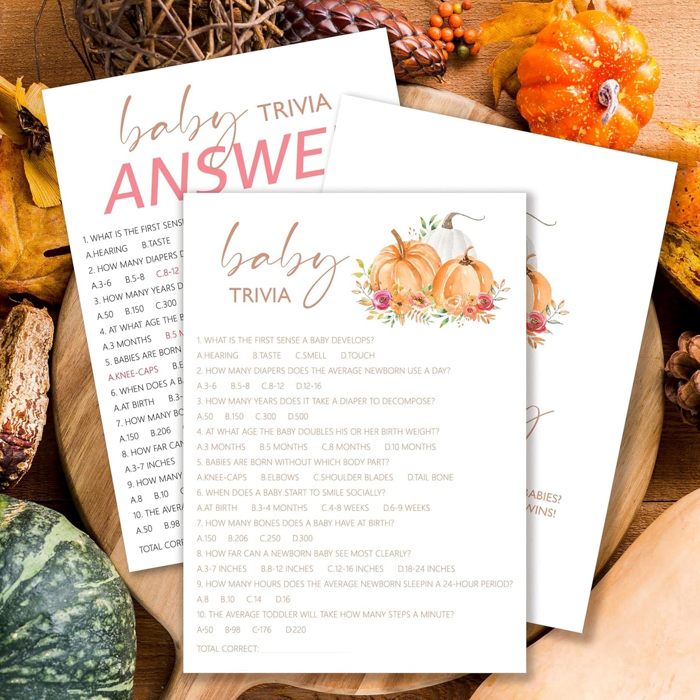 Baby Shower Games, Thanksgiving Baby Trivia Game Cards + 1 Answer Card, 25 Sets Baby Gender Reveal Party Decorations Supplies - E05