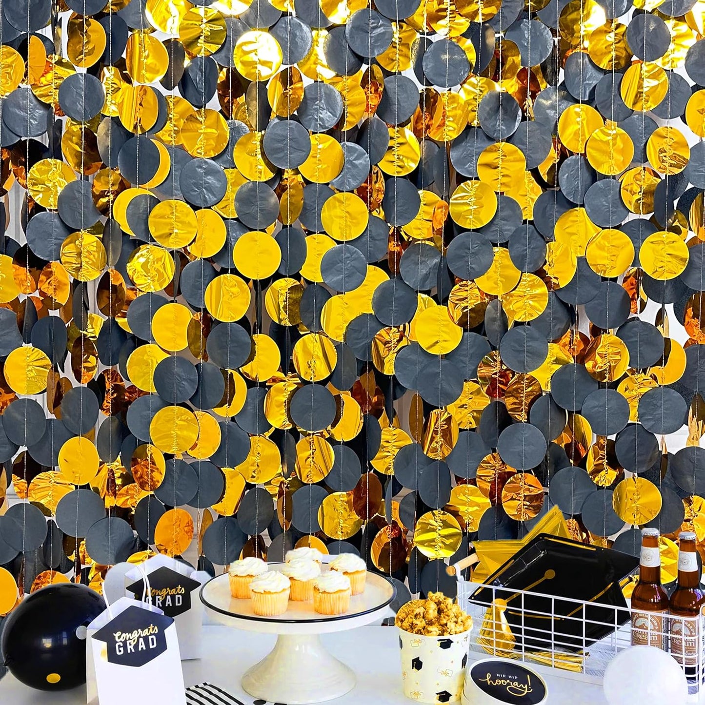 205Ft Black Gold Party Decorations Circle Dot Garland Backdrop Black Tissue Paper Gold Foil Polka Dot Streamer for Graduation Birthday Anniversary Halloween Christmas Holiday New Year Party Supplies