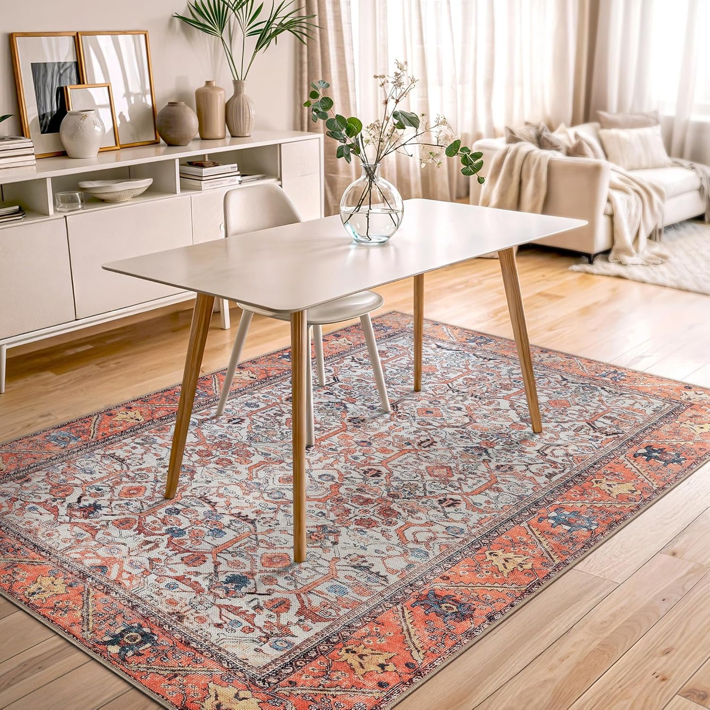 Bloom Rugs Washable Non-Slip 5' x 7' Rug - Orange Traditional Bordered Area Rug for Living Room, Bedroom, Dining Room, and Kitchen - Exact Size: 5' x 7'
