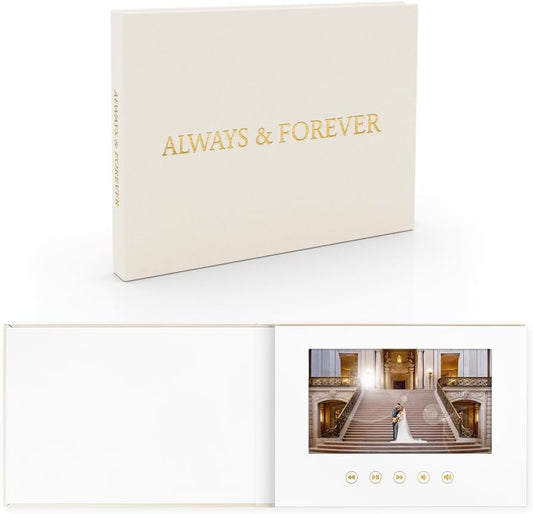 ALWAYS & FOREVER - GOLD FOIL Luxury Linen Bound wedding Video Book wedding Video Album Up to 3 hours of video, 7” IPS Display, 4GB of memory & Rechargeable Battery (ALWAYS & FOREVER)